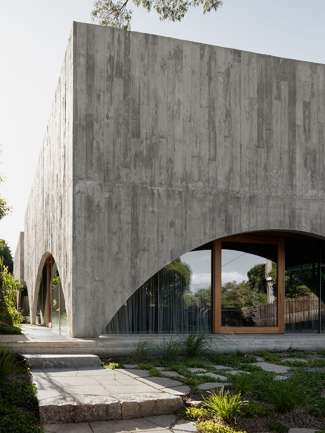 An image of Edition Office's Hawthron House. This image focuses on the concrete façade.