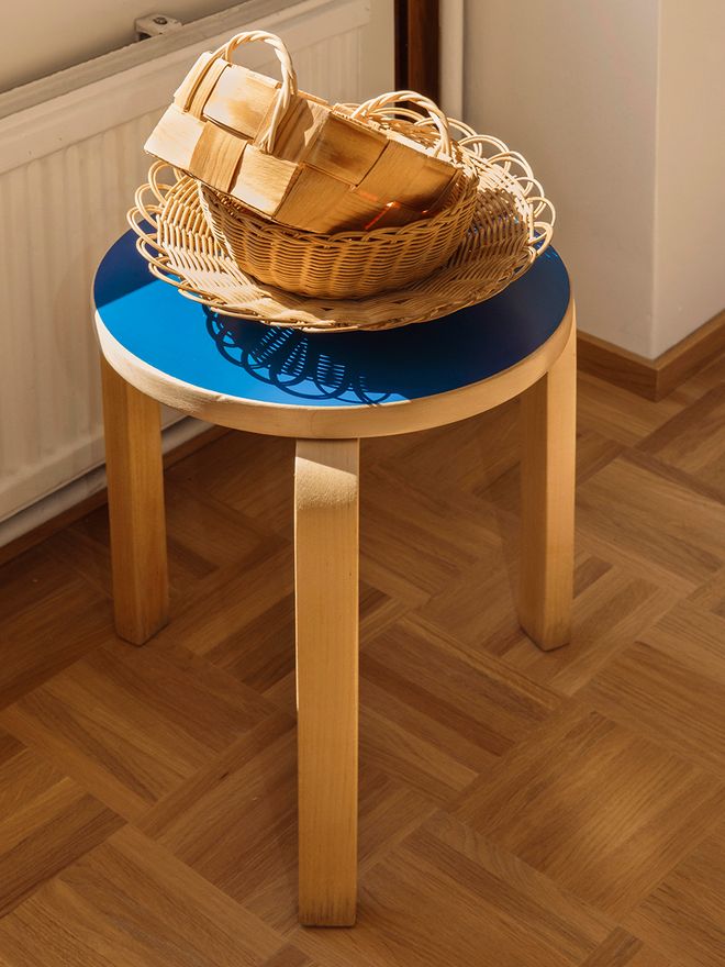 Artek Stool 60 with a blue seating