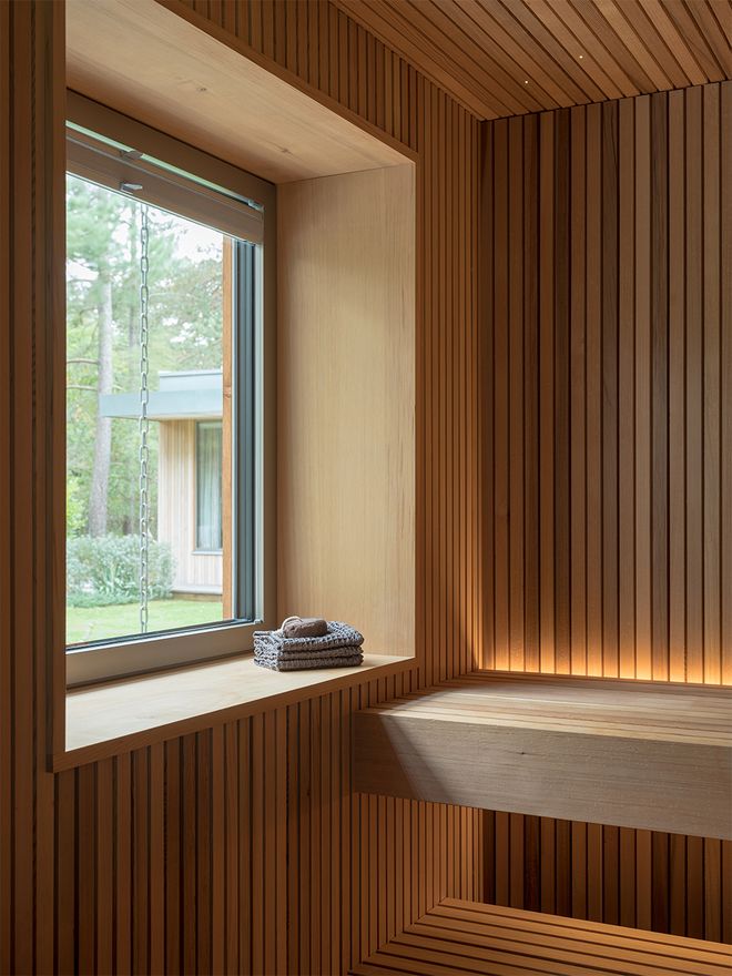 An image of Villa MSV, a private home located in Sweden. The image features the sauna and its details.
