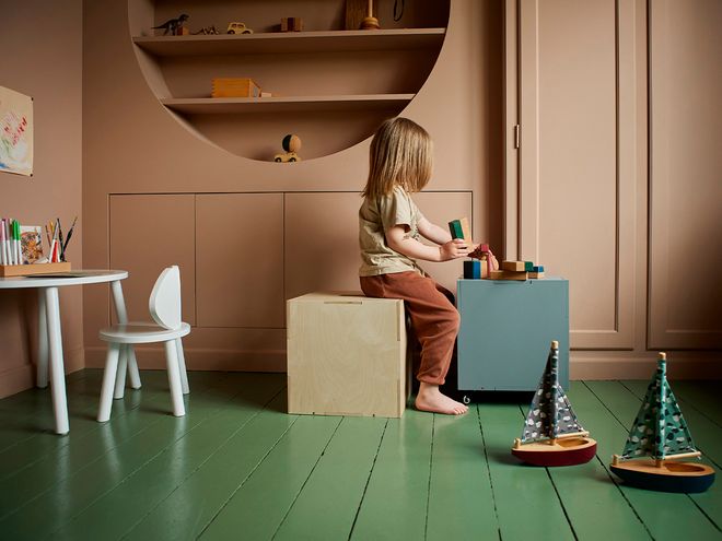 An image of Nofred's Cube storage box as part of the kids' room decor.