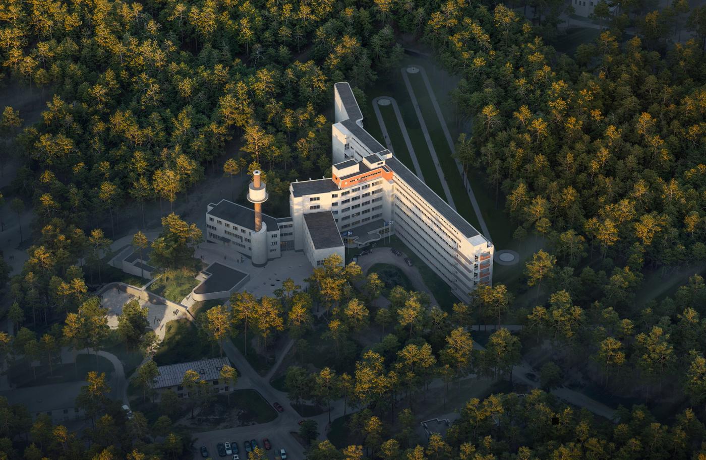 Arkkitehtitoimiston visualisointi Paimion parantolasta, drone-kuva rakennuksista ja metsäympäristöstä