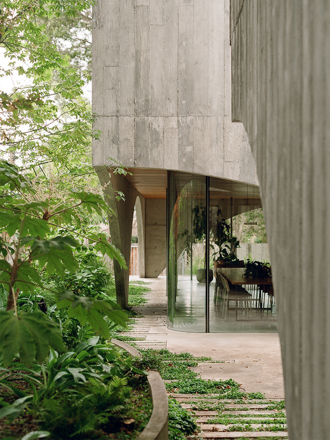 An image of Edition Office's Hawthron House. This image focuses on the concrete façade.