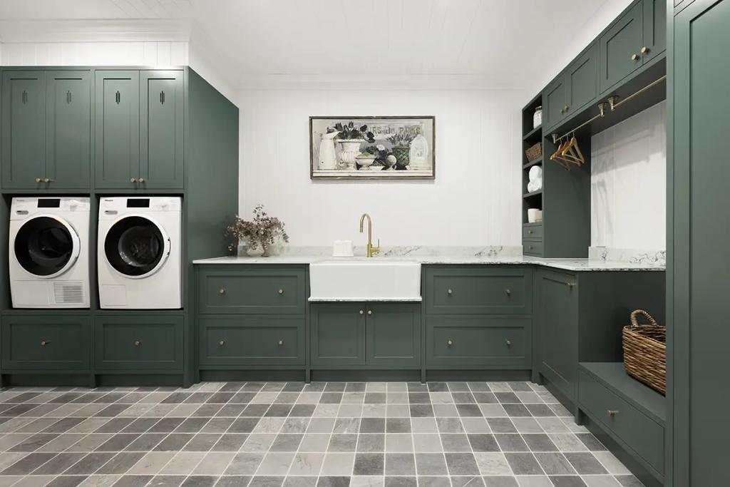 Project Franklin (Sage green laundry with farmhouse sink and marble counters.)