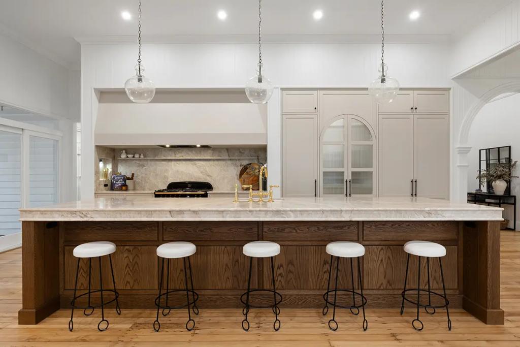 Project Franklin (Classic kitchen with marble island and gold faucet.)