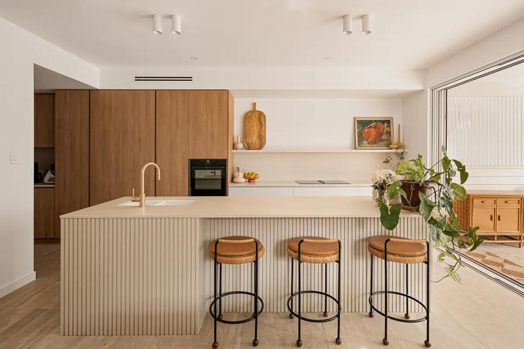 Project Alice (A modern kitchen with wooden cabinets and a white countertop)