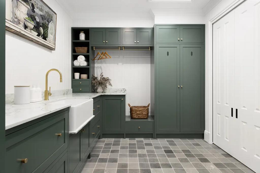 Project Franklin (Evergreen Fog laundry room with green cabinets.)