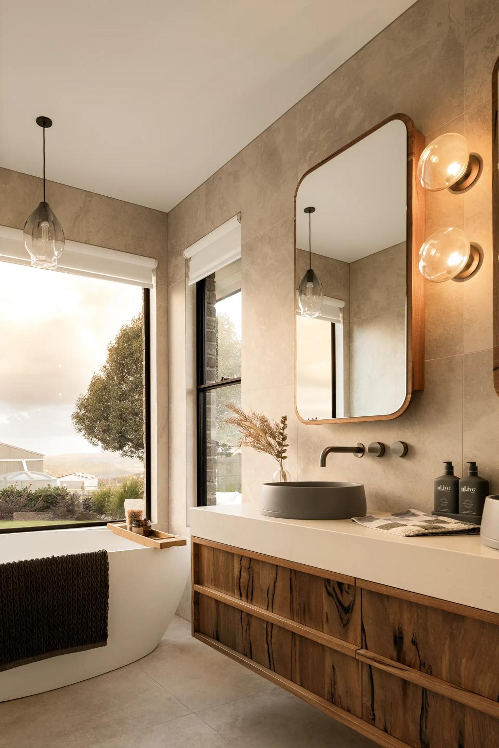 Project Mount Rascal (Elegant bathroom with a freestanding tub, large windows, wooden vanity, round sink, and pendant lights)