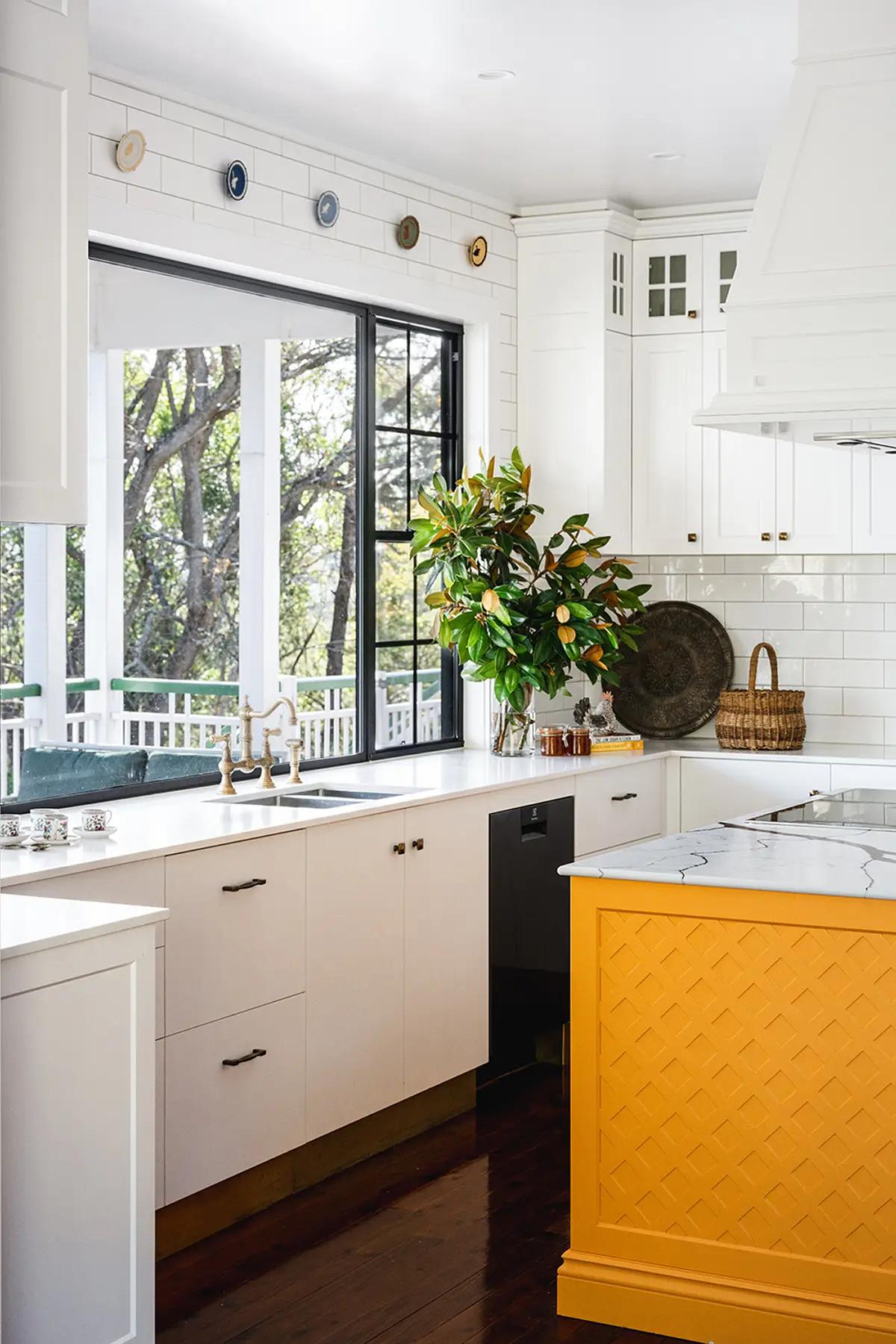 Project Coral Sea (White kitchen with mustard-yellow lattice island, subway splashback and garden window)