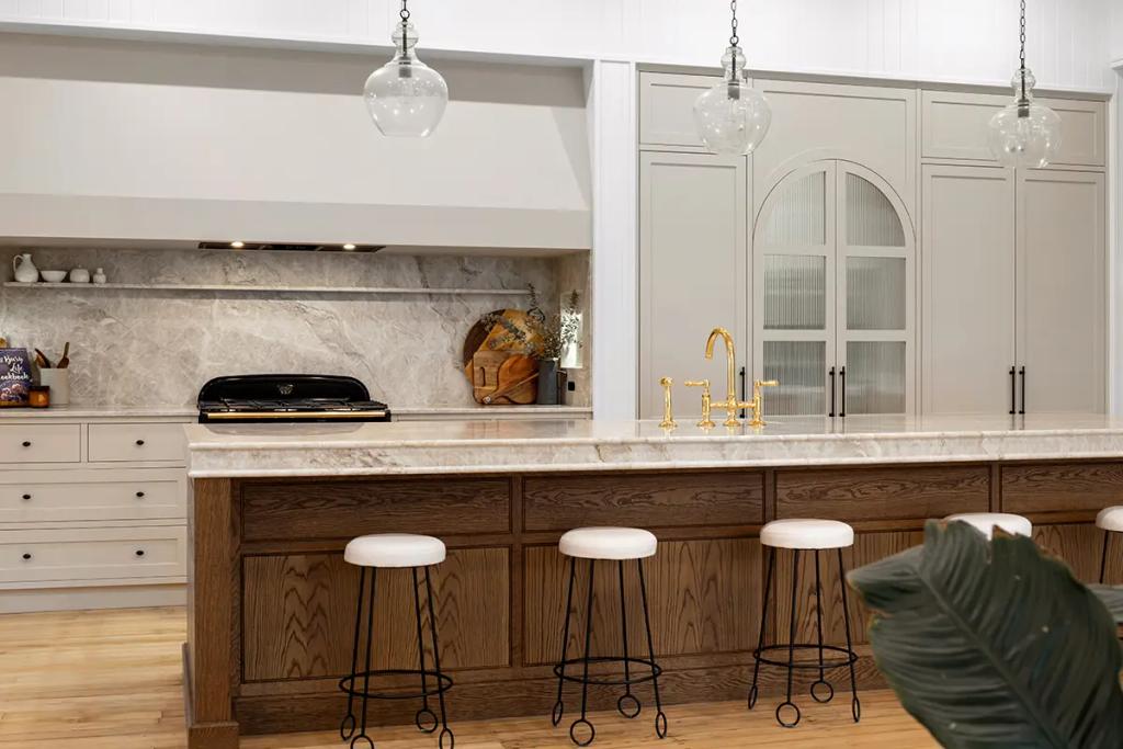 Project Franklin (Marble island with gold tap and arched pantry doors.)