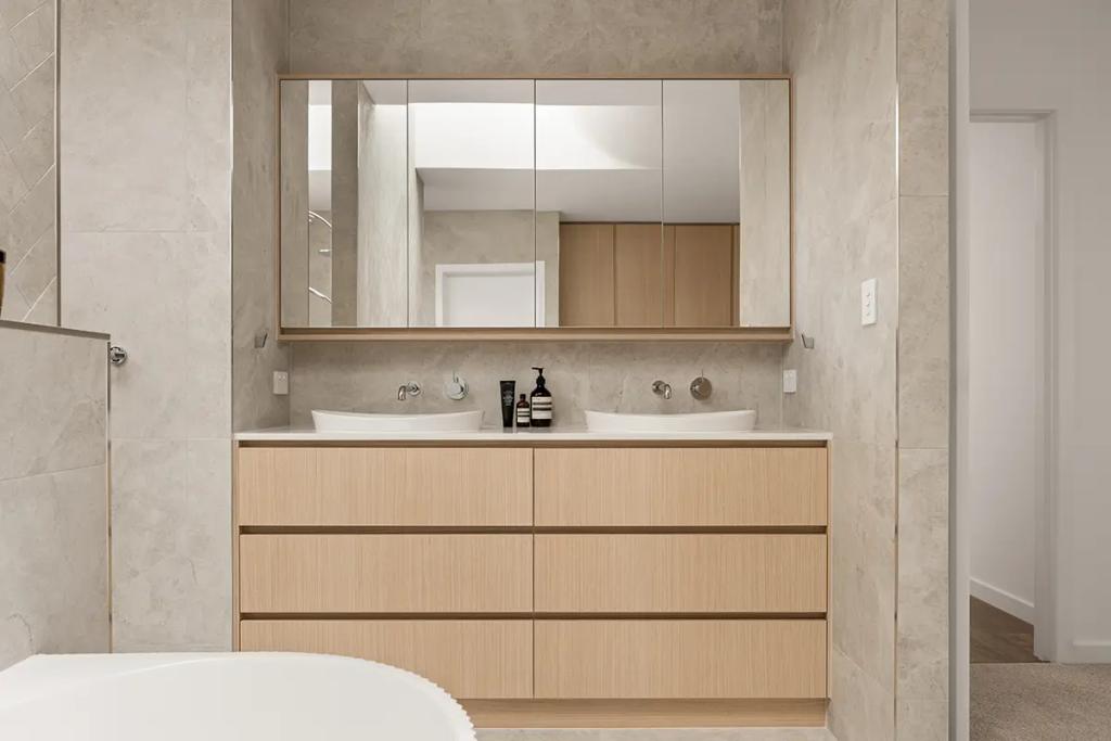 Cheltenham (Double sink vanity with mirror in tiled bathroom)