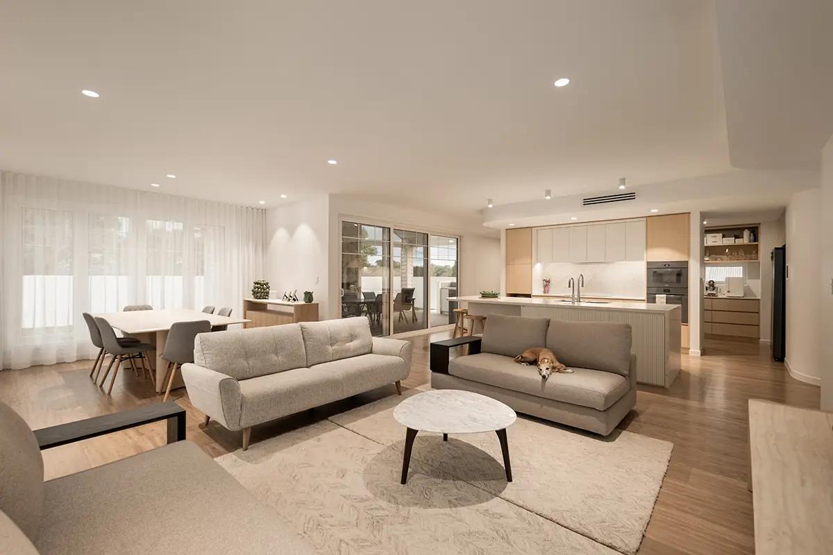 Cheltenham (Open-plan living space with grey sofas, dining setting and fluted kitchen island)