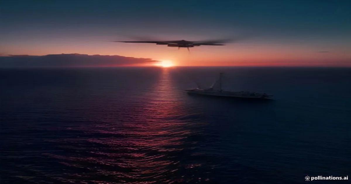 A high-tech autonomous maritime patrol drone scanning container ships in a vast open ocean environment.
