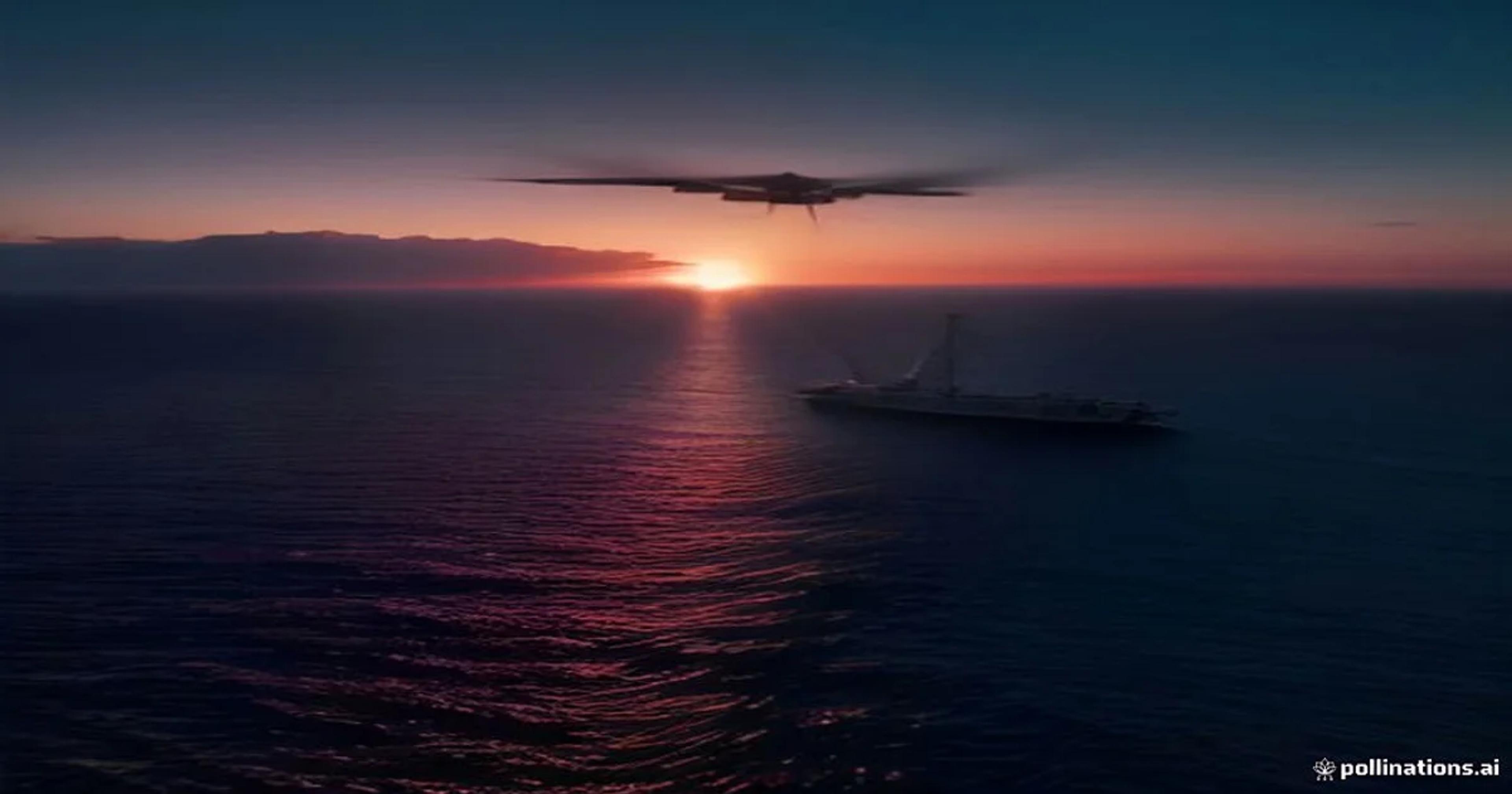 A high-tech autonomous maritime patrol drone scanning container ships in a vast open ocean environment.