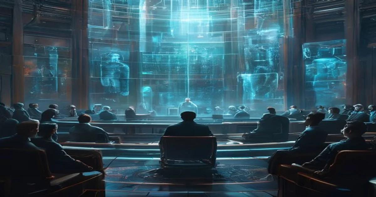 Artificial intelligence systems debating and proposing laws in a futuristic parliament.