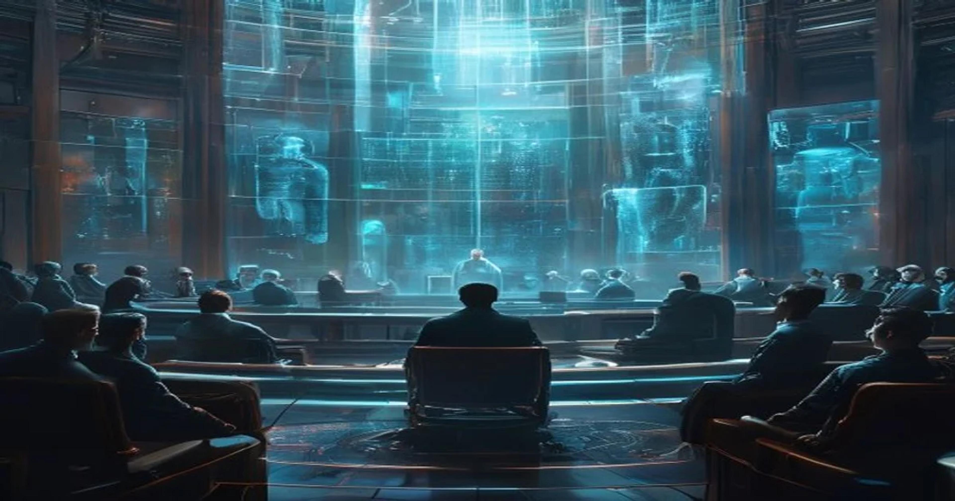 Artificial intelligence systems debating and proposing laws in a futuristic parliament.