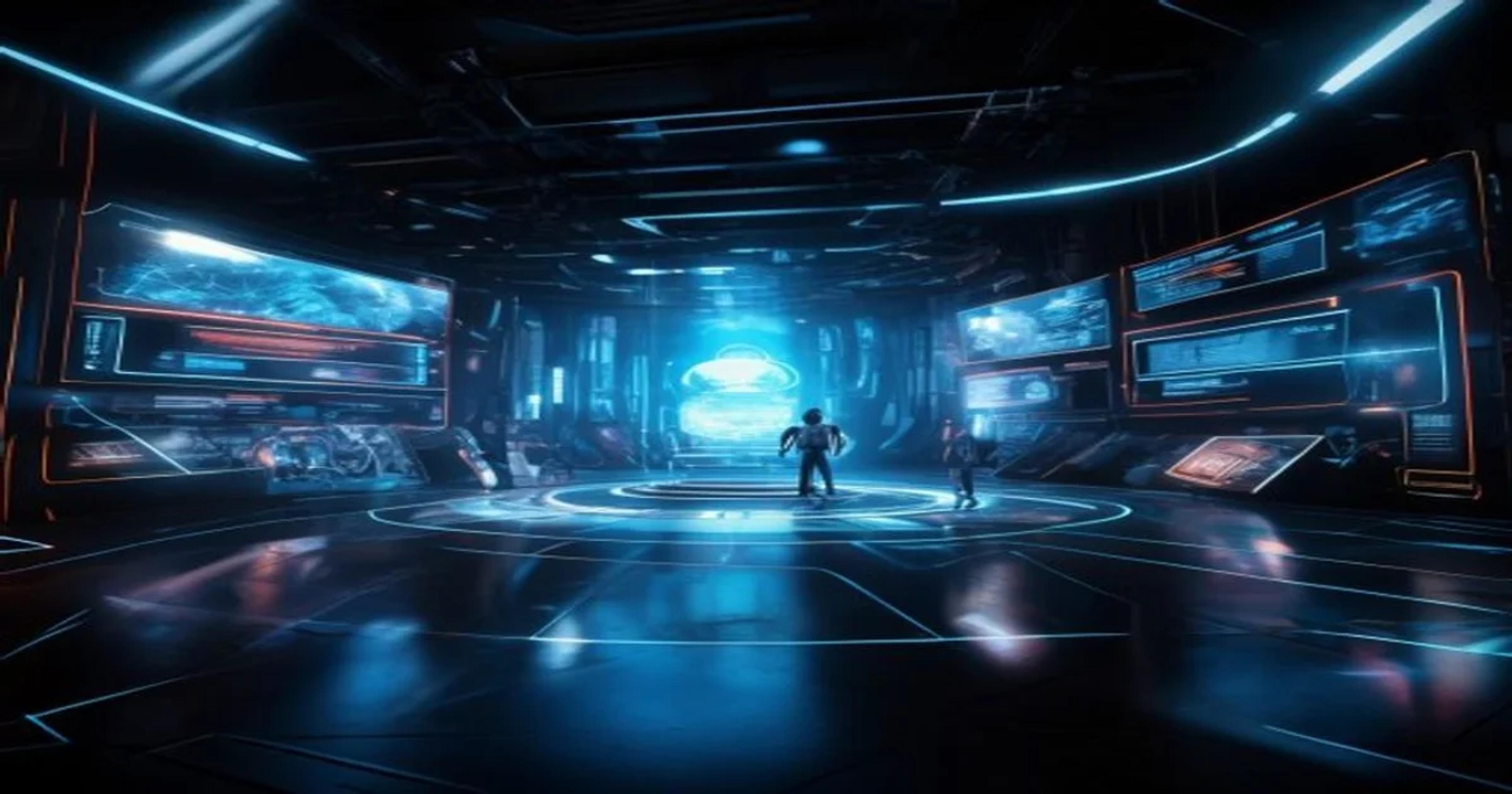 Modern film production studio utilizing advanced artificial intelligence software on large digital displays.