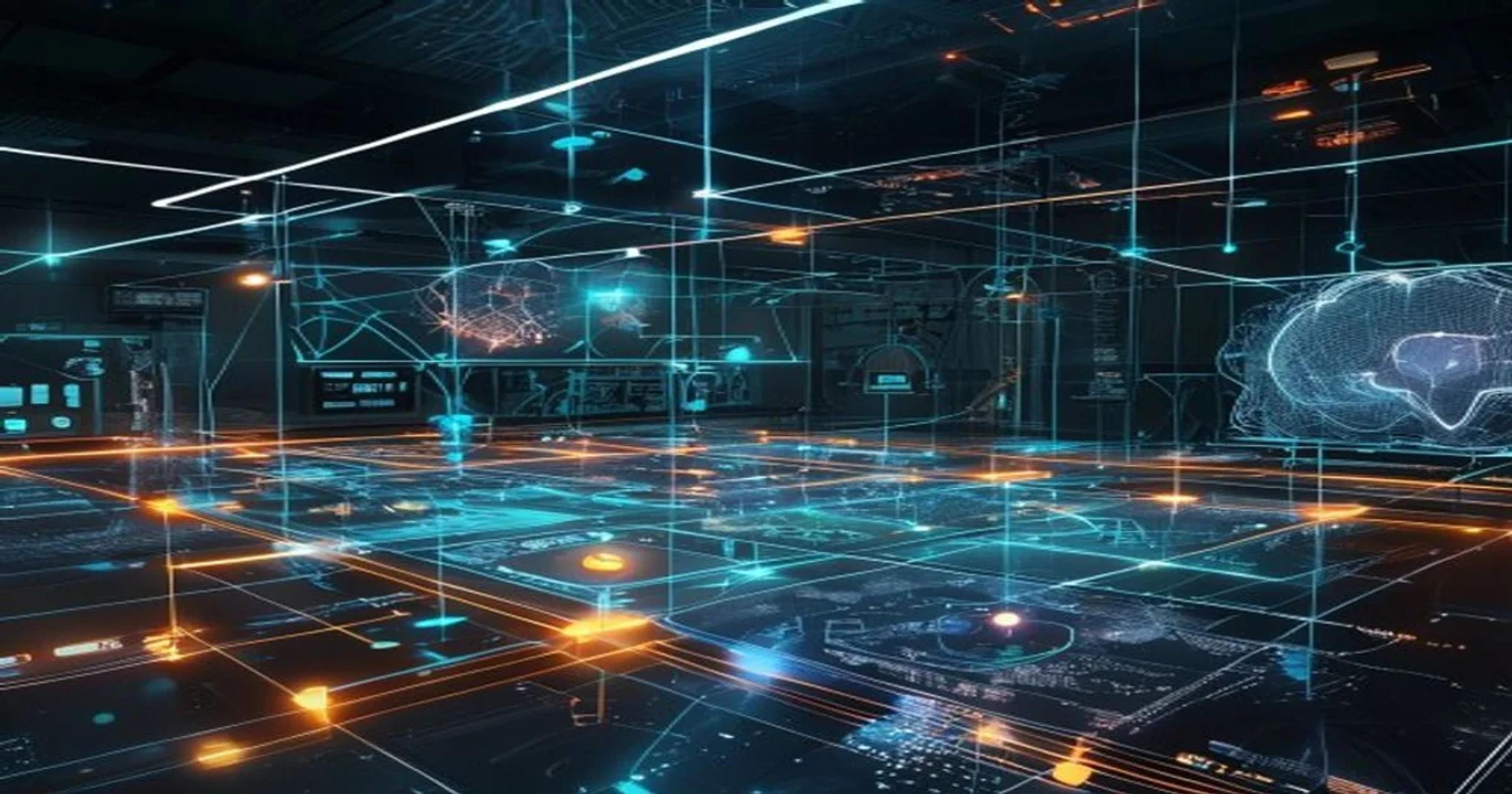 A high-tech digital representation of AI-managed microgrid systems balancing electrical frequency