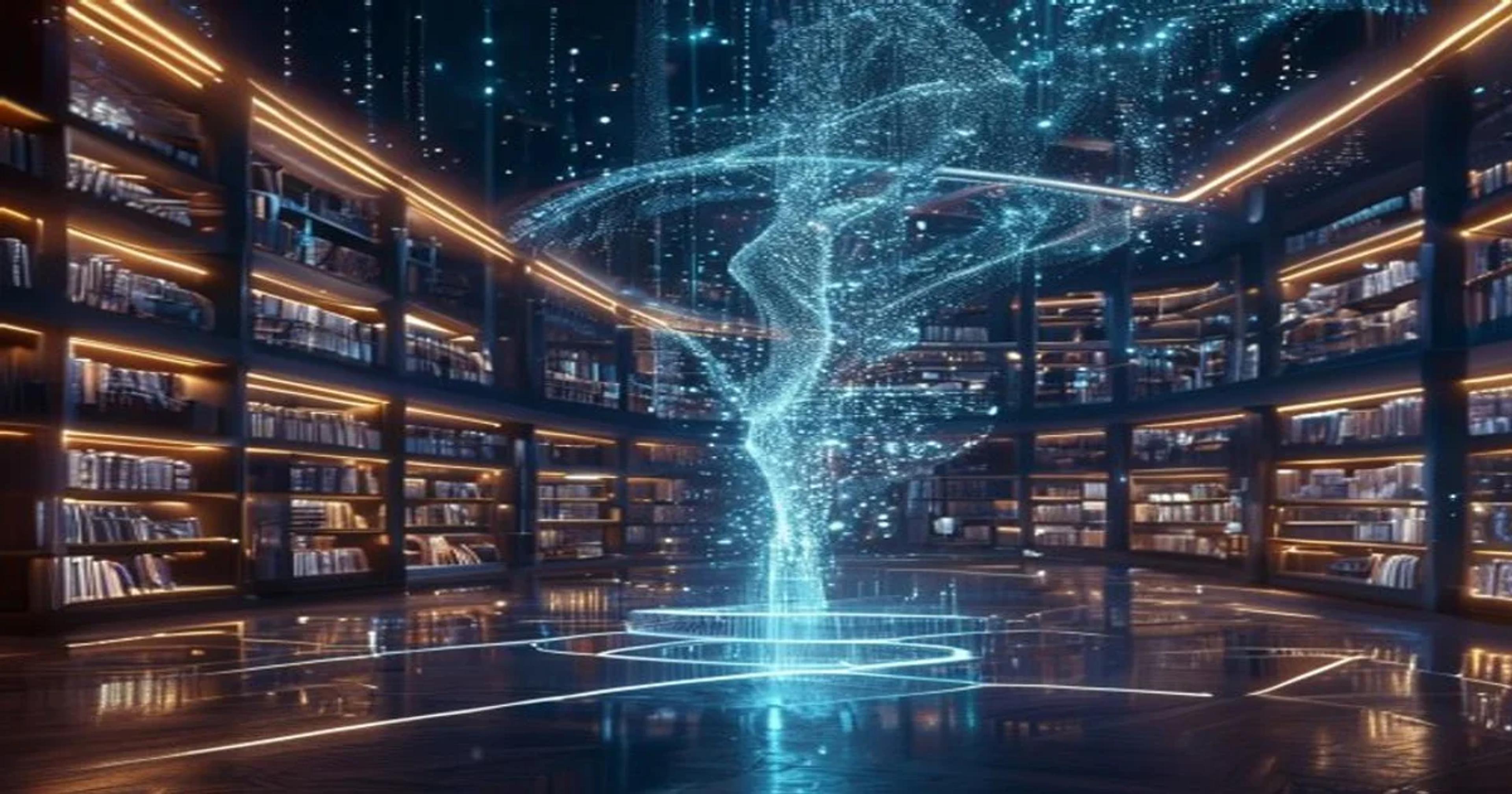 A conceptual image showing AI algorithms organizing human history into a glowing digital archive.