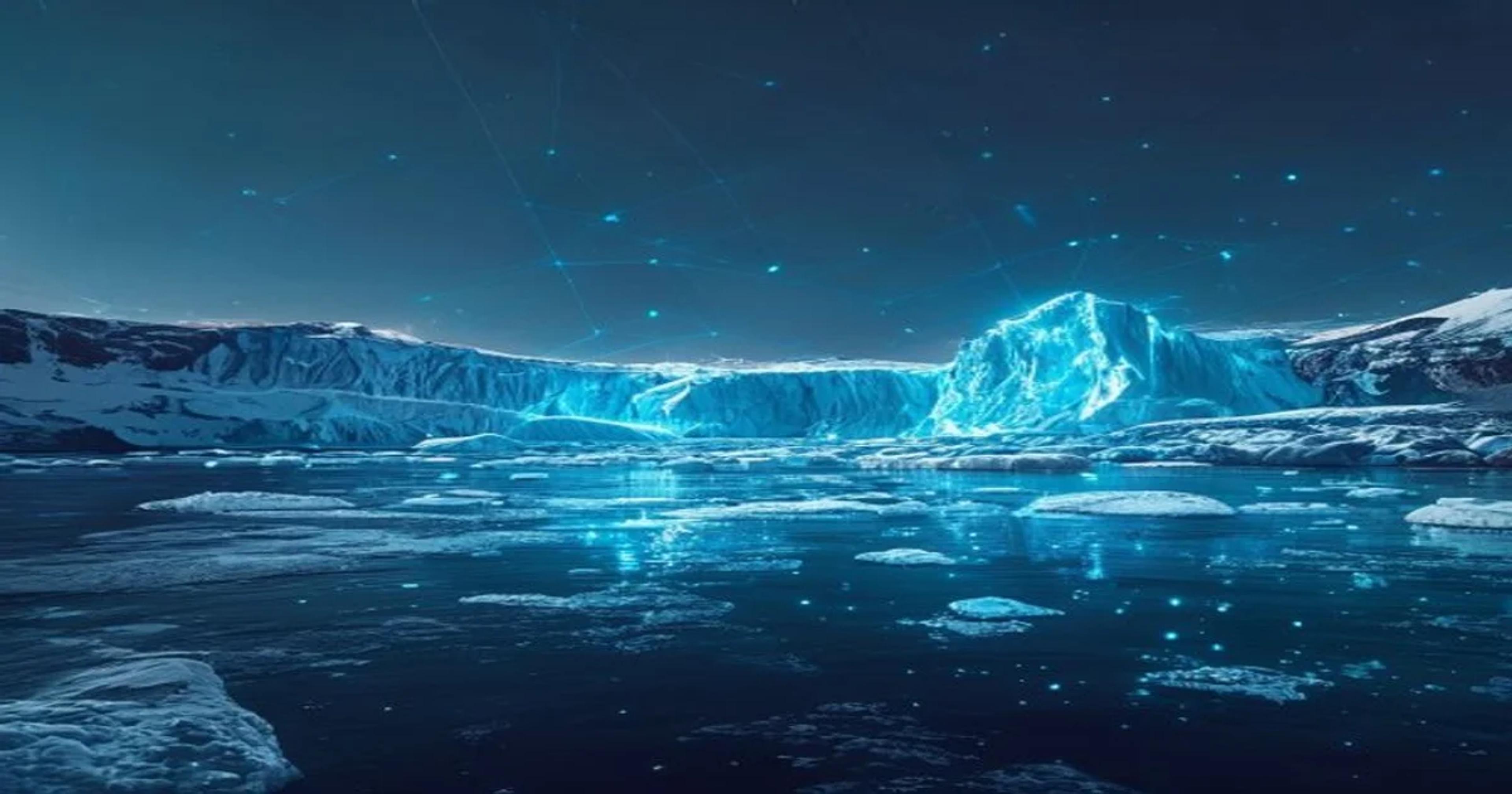 An advanced artificial intelligence system analyzing glacial ice shelves using satellite imagery and data overlays.