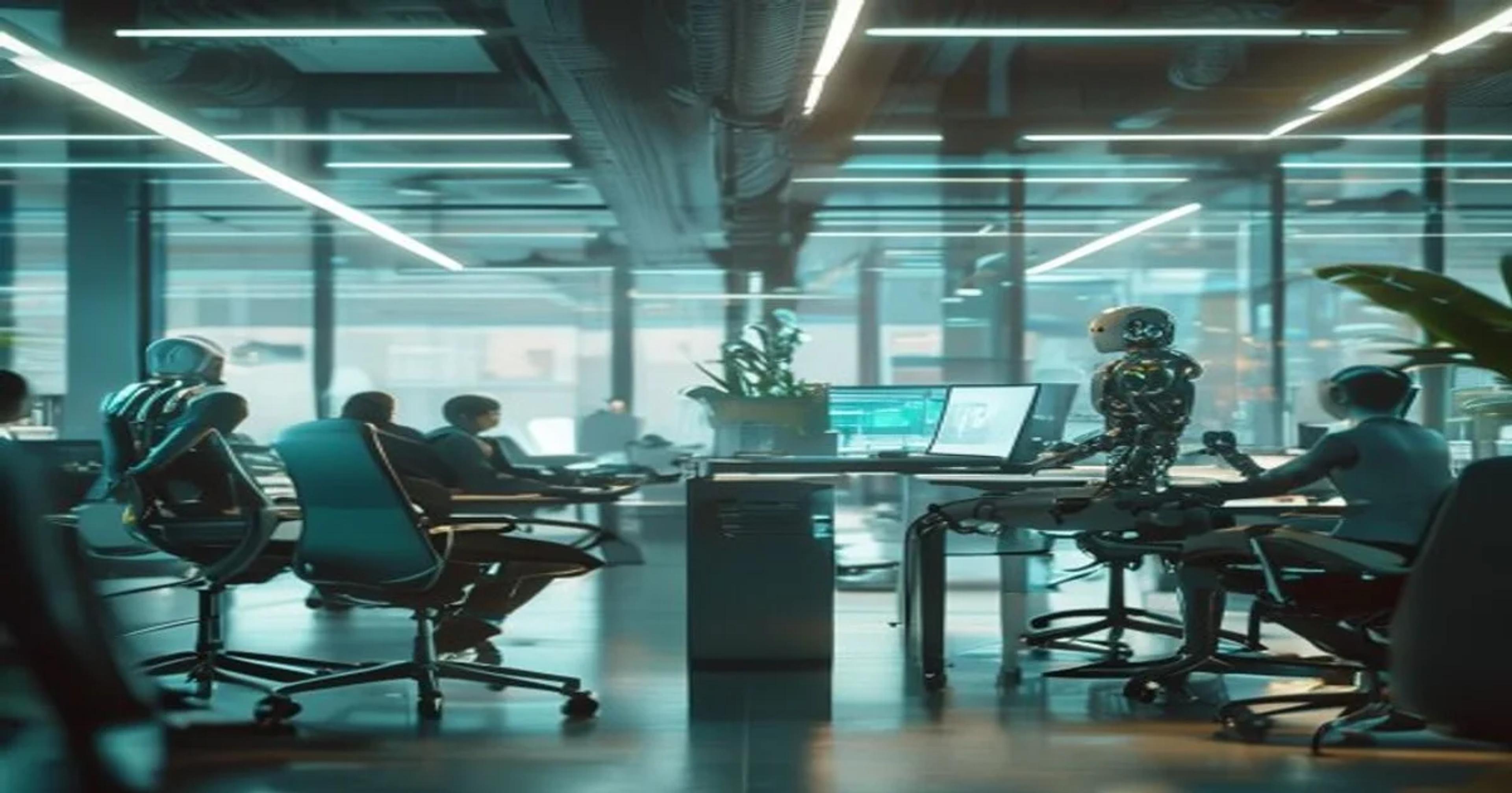 A modern workspace showing humans and artificial intelligence systems working together on digital analytics.