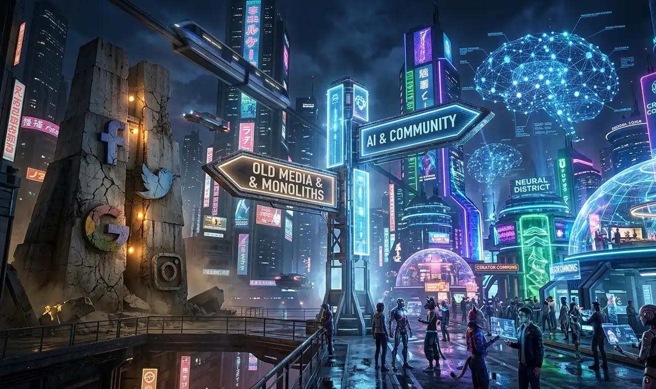 A futuristic digital crossroad showing the migration of users from crumbling legacy social media platforms towards glowing, advanced AI networks and modern community forums