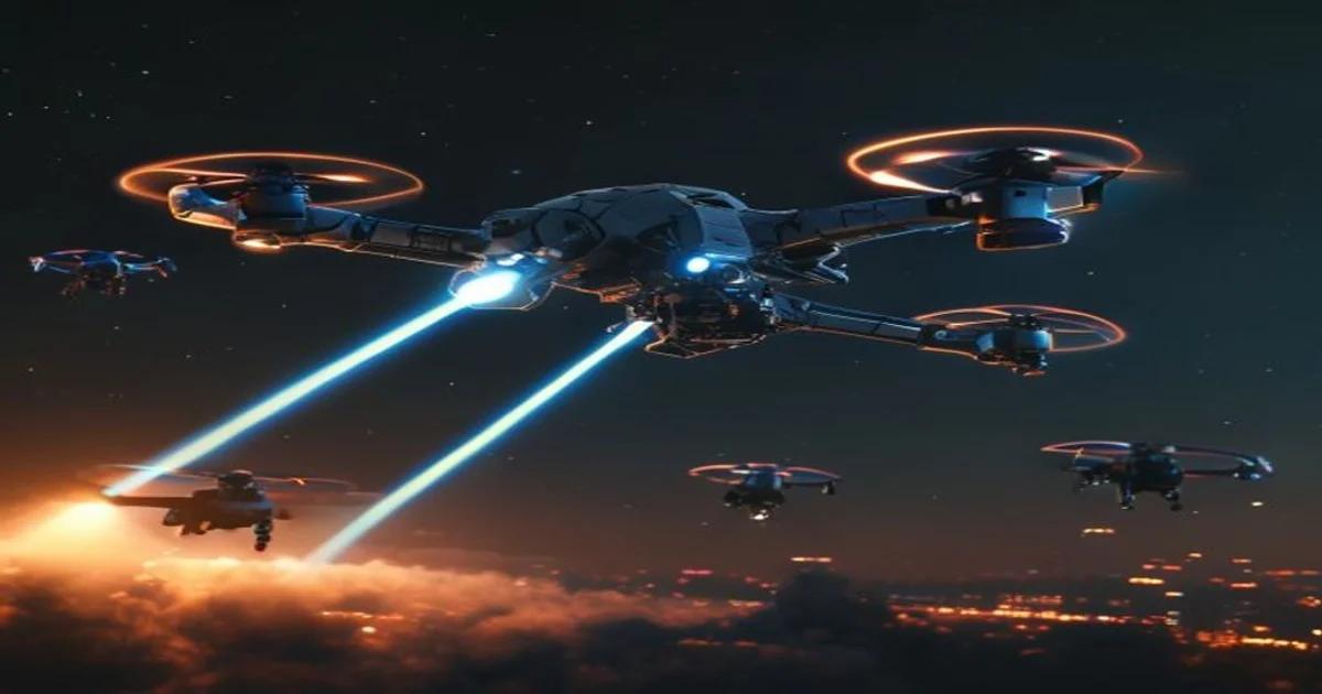 An advanced automated kinetic drone interception system tracking an aerial threat against a dark horizon.