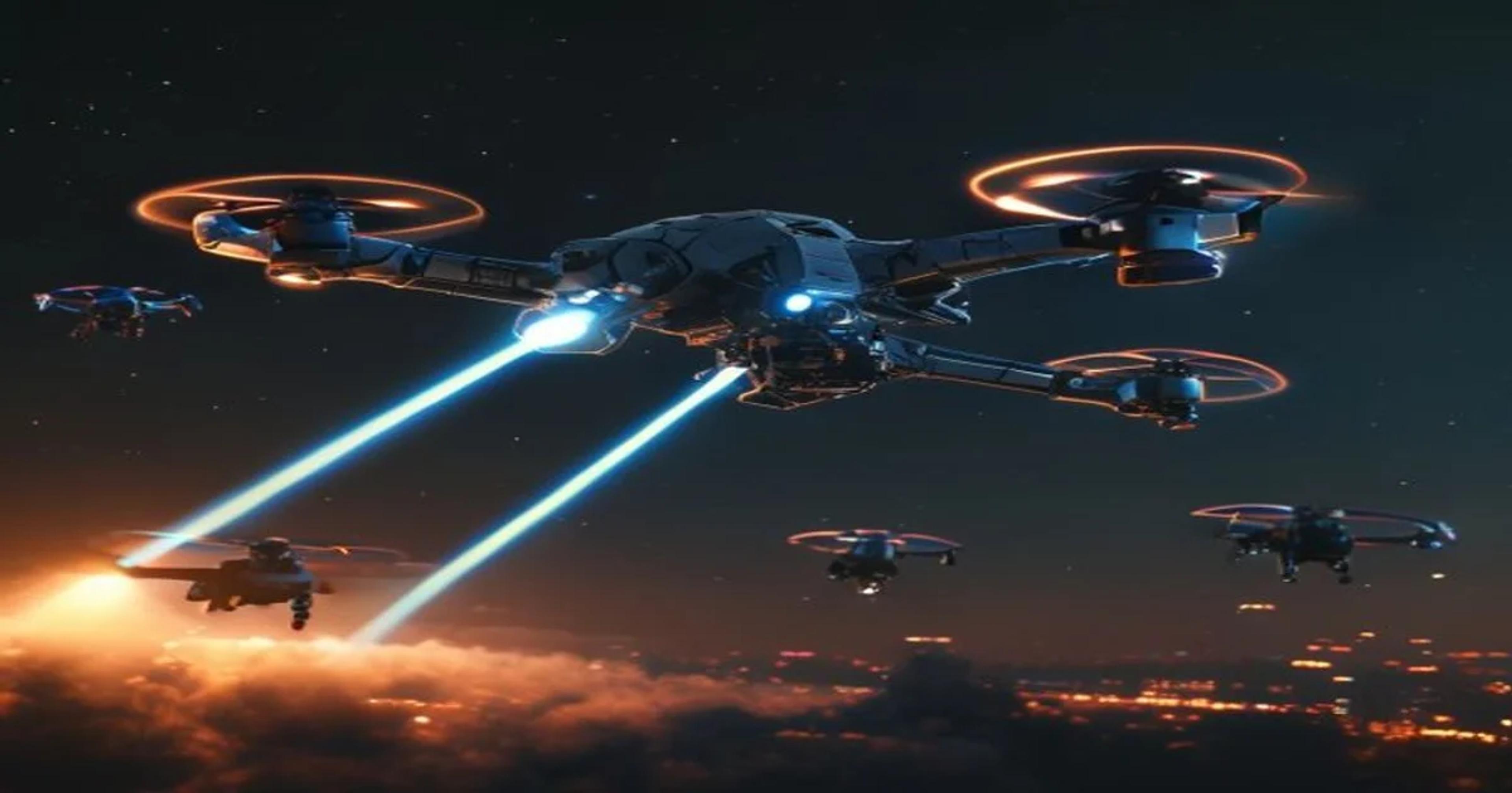 An advanced automated kinetic drone interception system tracking an aerial threat against a dark horizon.