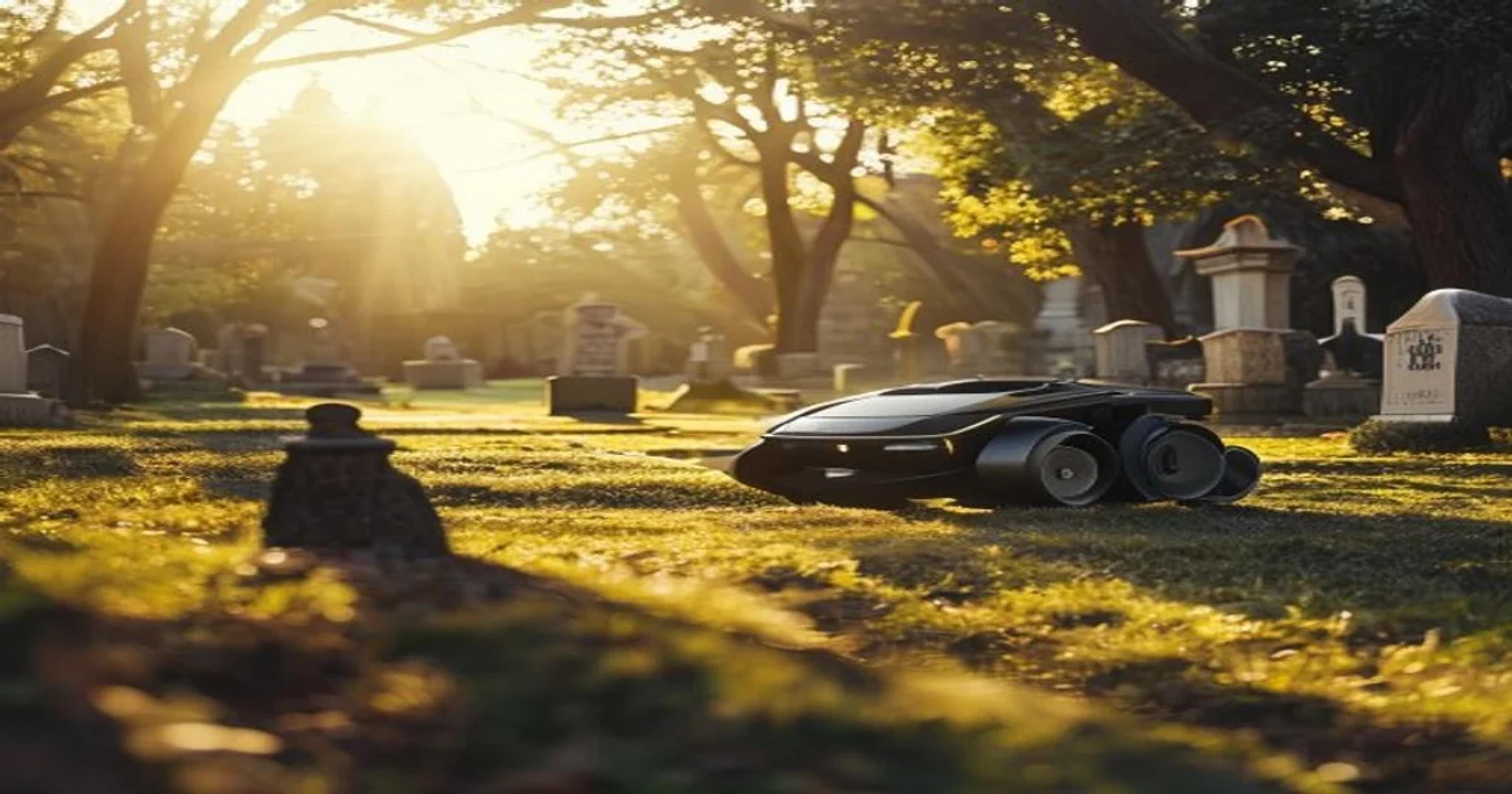 An autonomous drone and robotic mower maintaining a serene, historical cemetery landscape