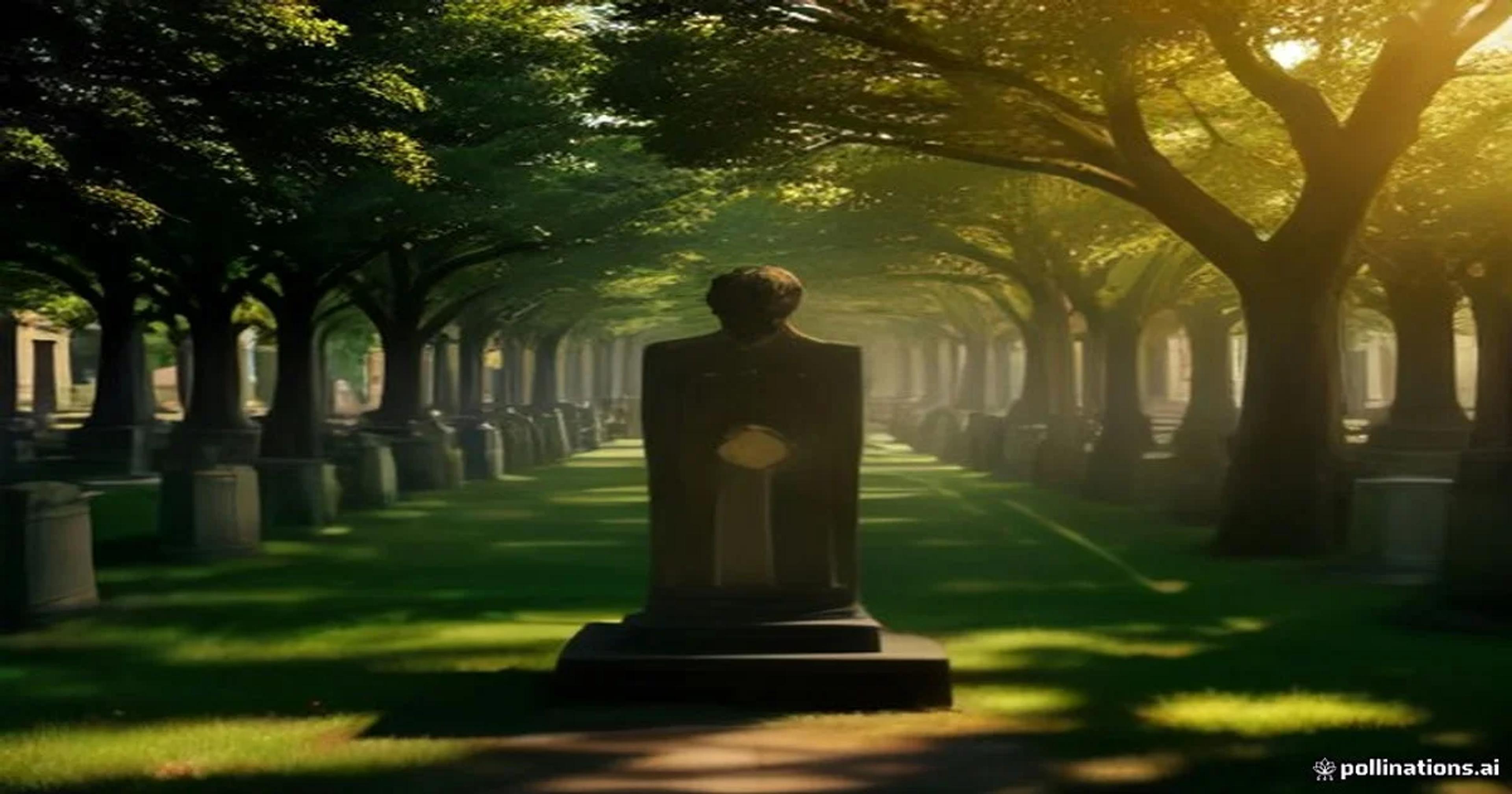 An ethereal holographic projection of a loved one standing in a quiet, modern cemetery landscape.