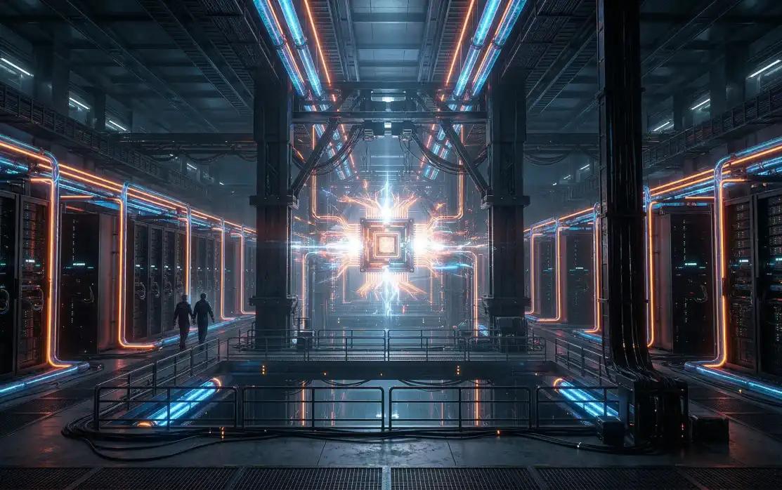 A futuristic AI data center with massive server racks and glowing liquid cooling systems, illustrating the immense physical infrastructure and energy requirements of modern artificial intelligence