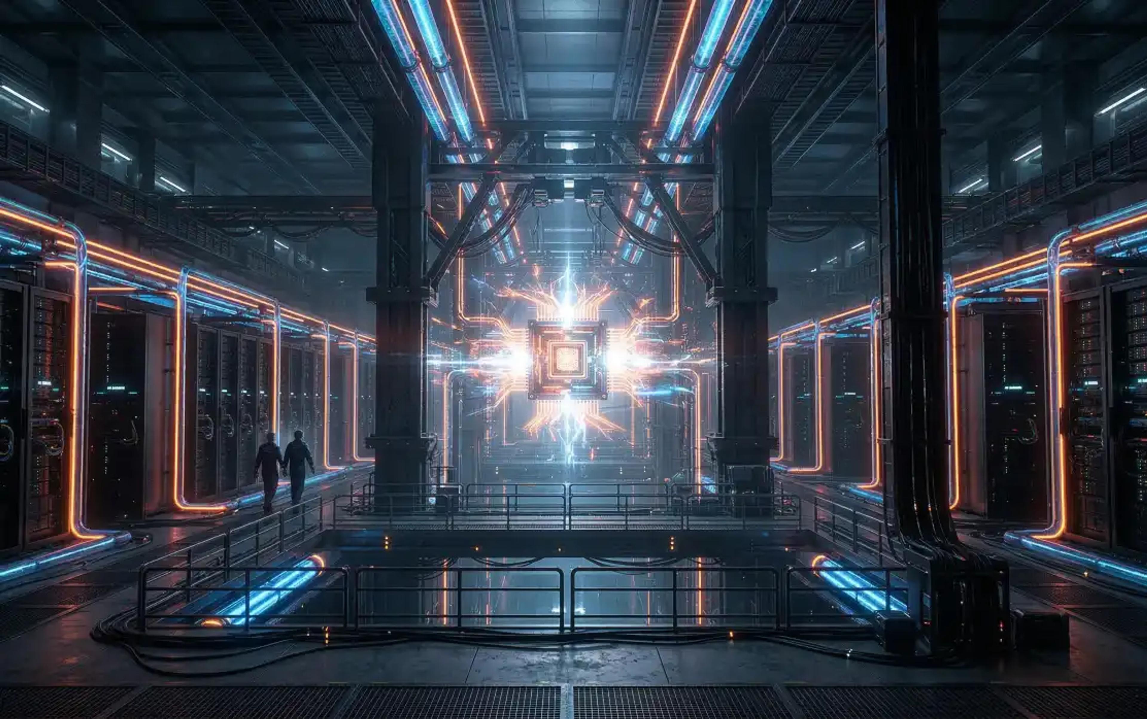 A futuristic AI data center with massive server racks and glowing liquid cooling systems, illustrating the immense physical infrastructure and energy requirements of modern artificial intelligence