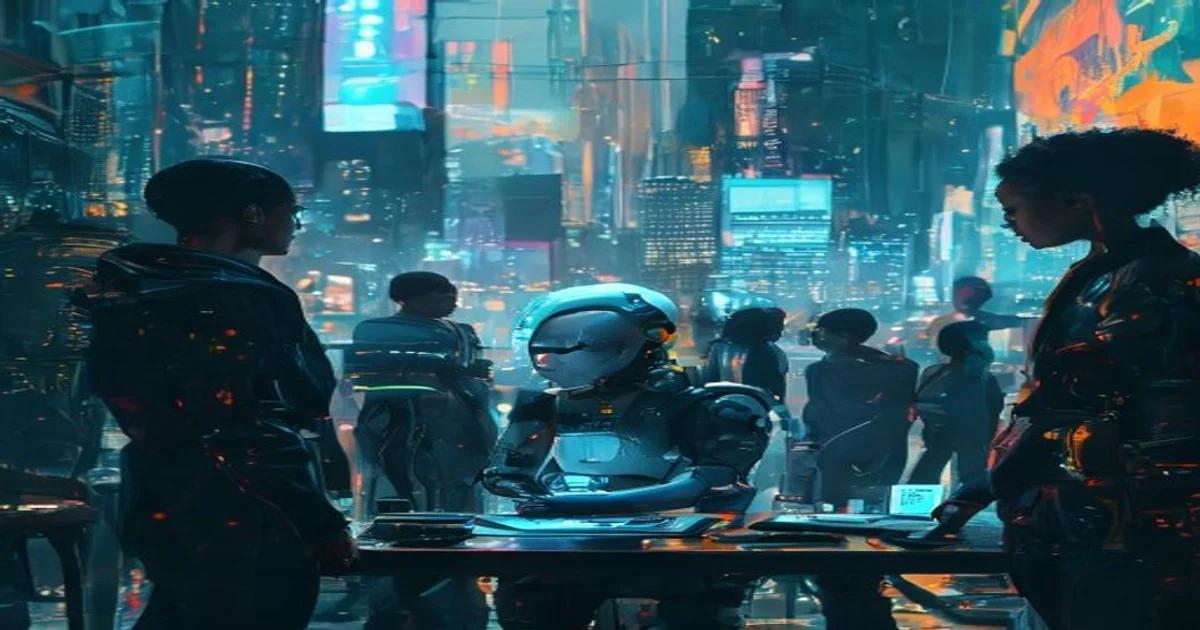 People observing AI interfaces in an urban setting, reflecting on future employment.