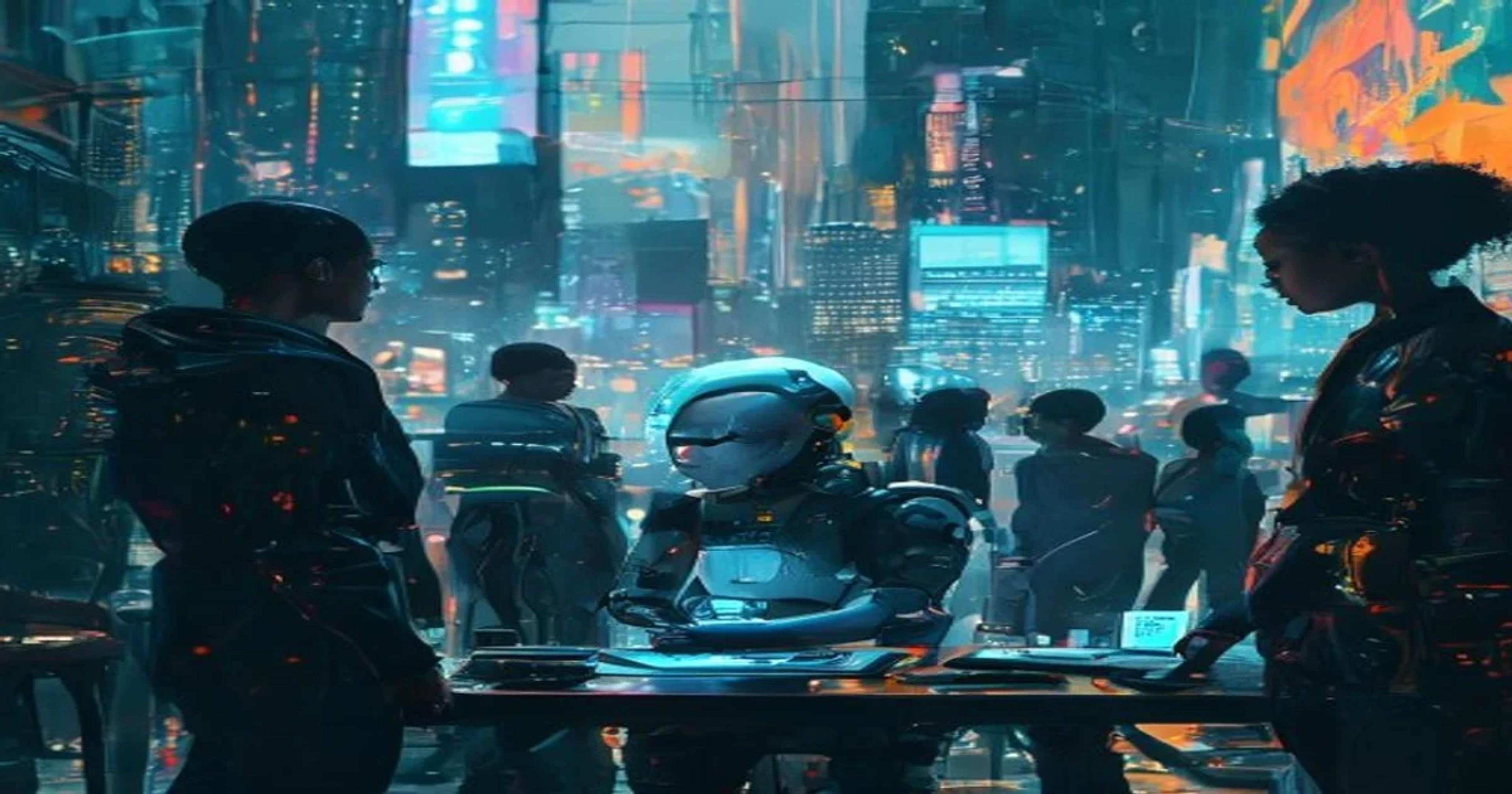 People observing AI interfaces in an urban setting, reflecting on future employment.