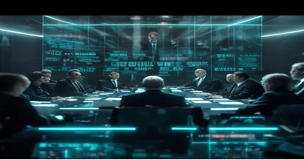 Holographic interface showing linguistic data analysis in a modern diplomatic meeting room.