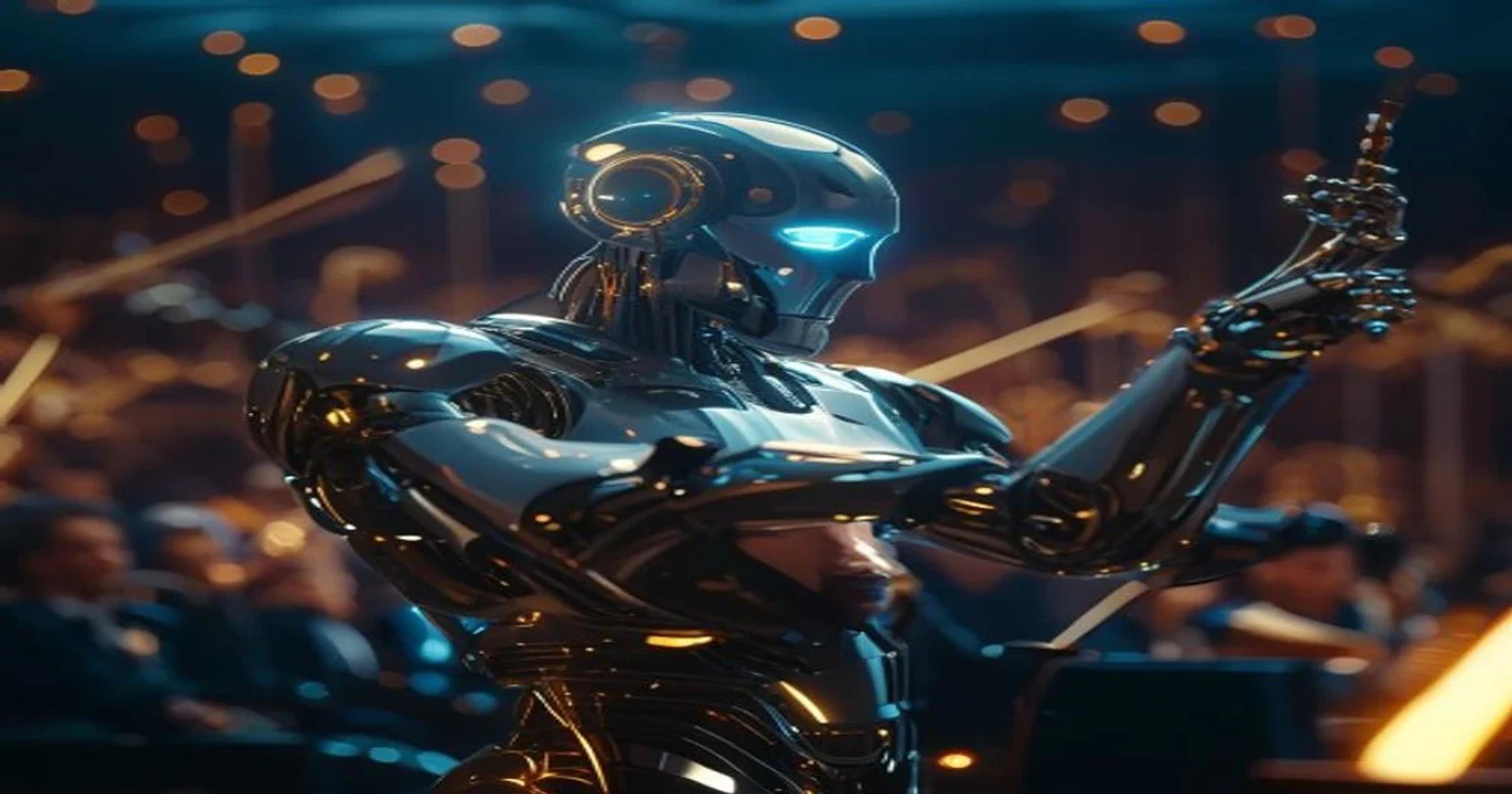 An advanced robotic conductor system leading a philharmonic orchestra in a grand concert hall.