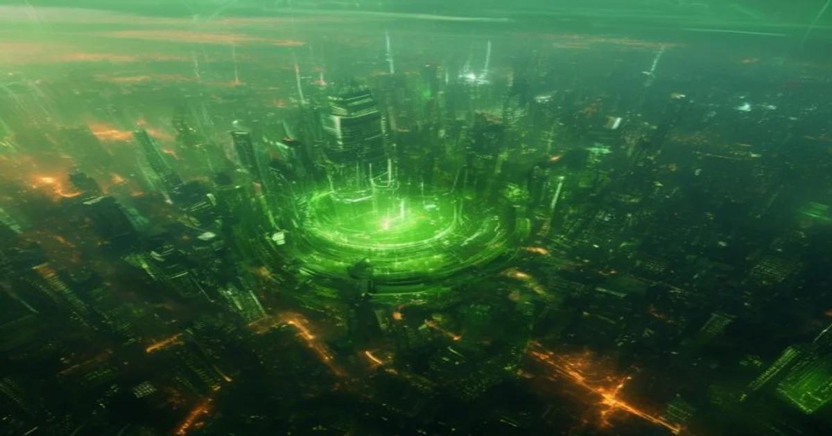 Aerial visualization of urban heat islands being analyzed by artificial intelligence software