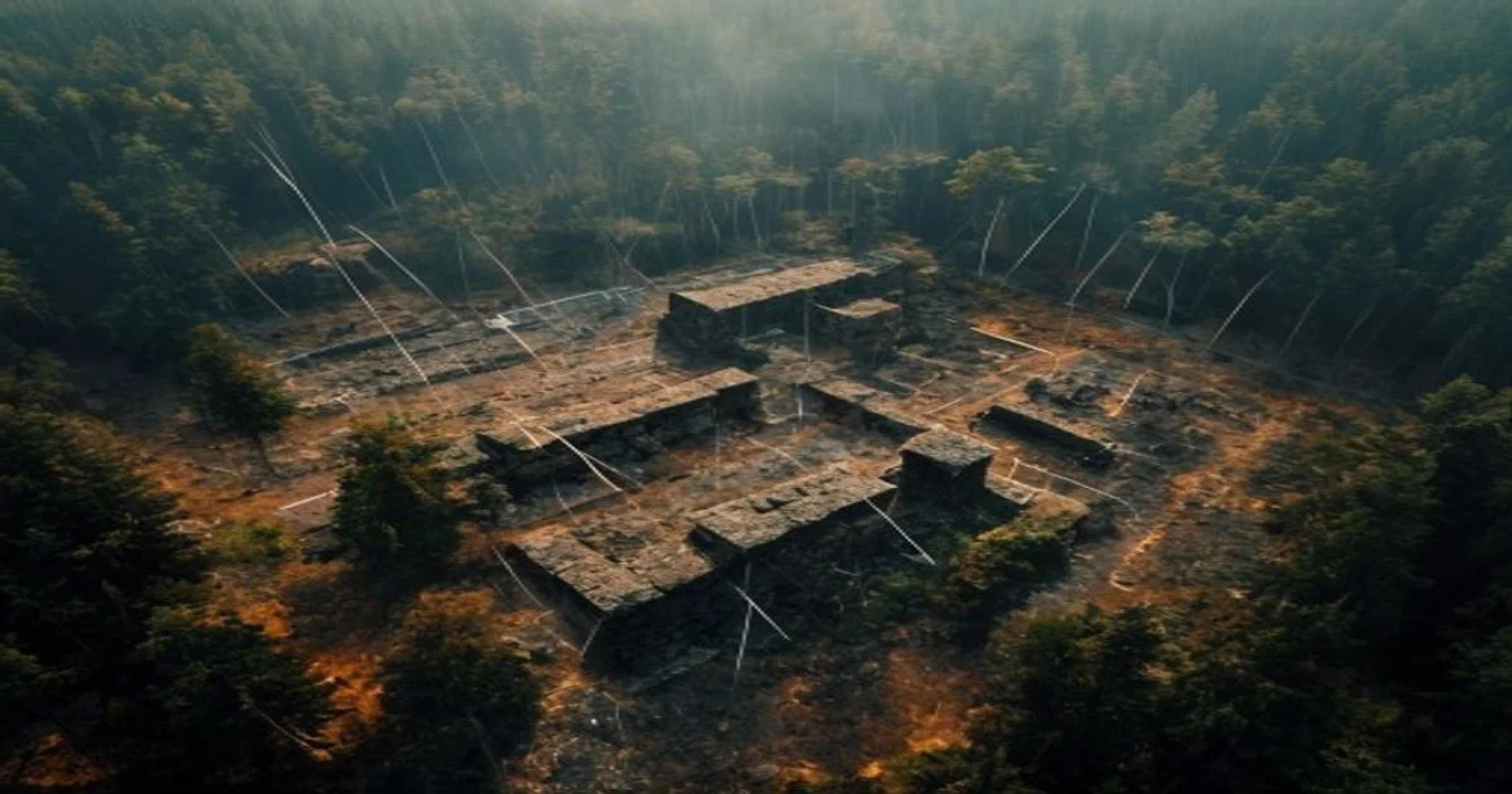 A conceptual image showing AI technology overlaying digital grids onto a burned forest landscape to reveal hidden historical artifacts.