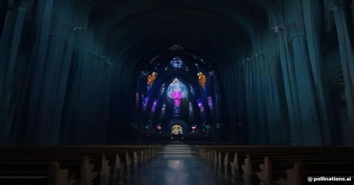 A futuristic chapel featuring holographic adaptive liturgical text displayed in a serene, modern setting.