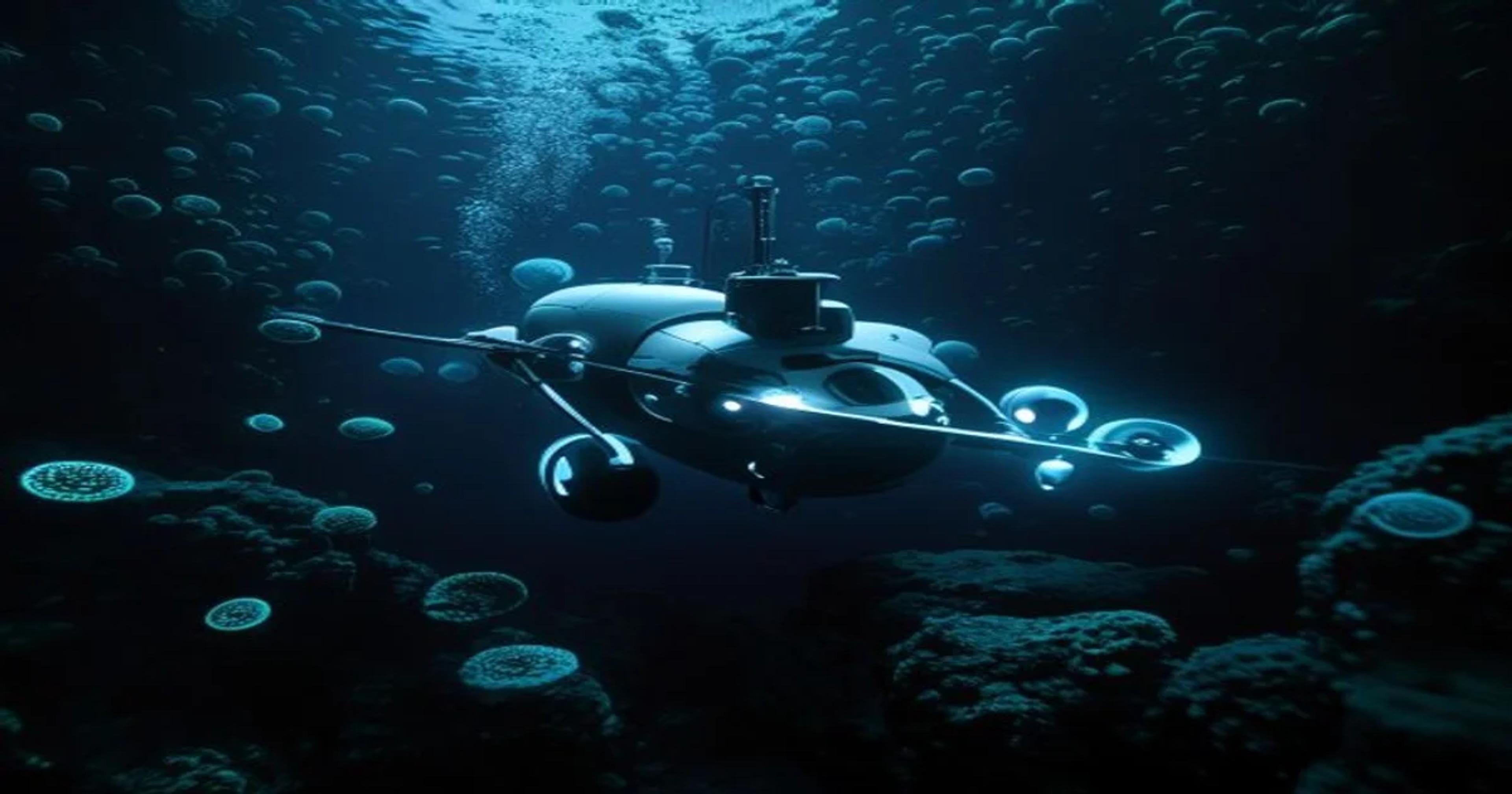 An autonomous research drone mapping invisible microbial life in the deep ocean floor with advanced sensors.