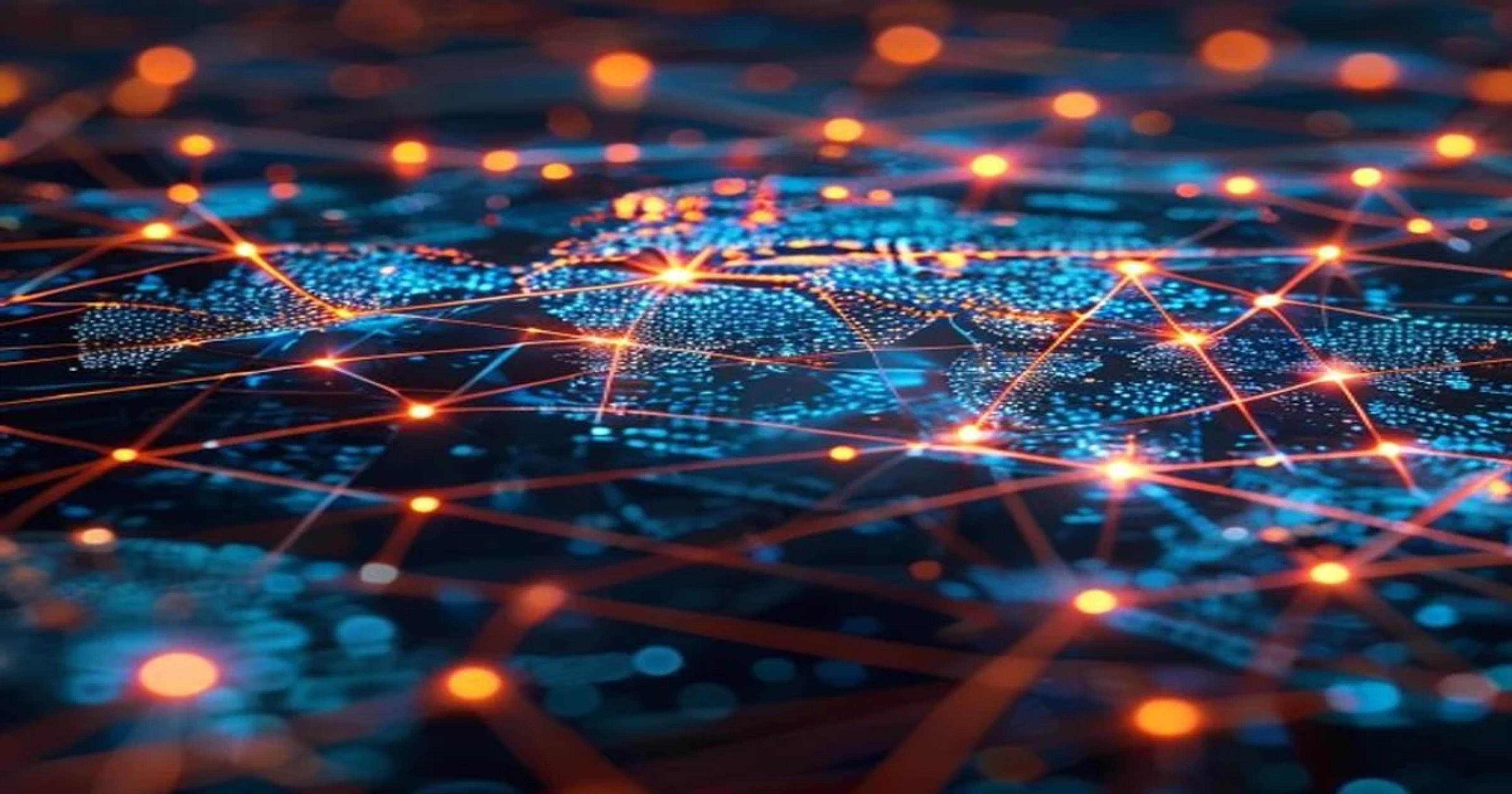 A futuristic digital network representing the verification and authentication of news sources through artificial intelligence.