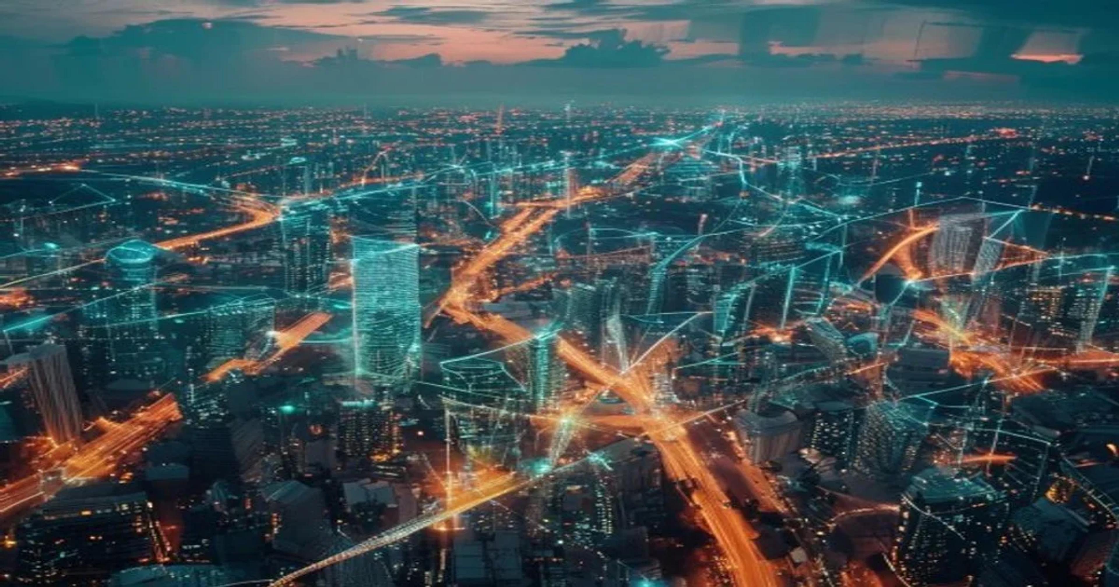 Aerial view of a modern smart city showing digital infrastructure nodes and predictive maintenance connectivity.