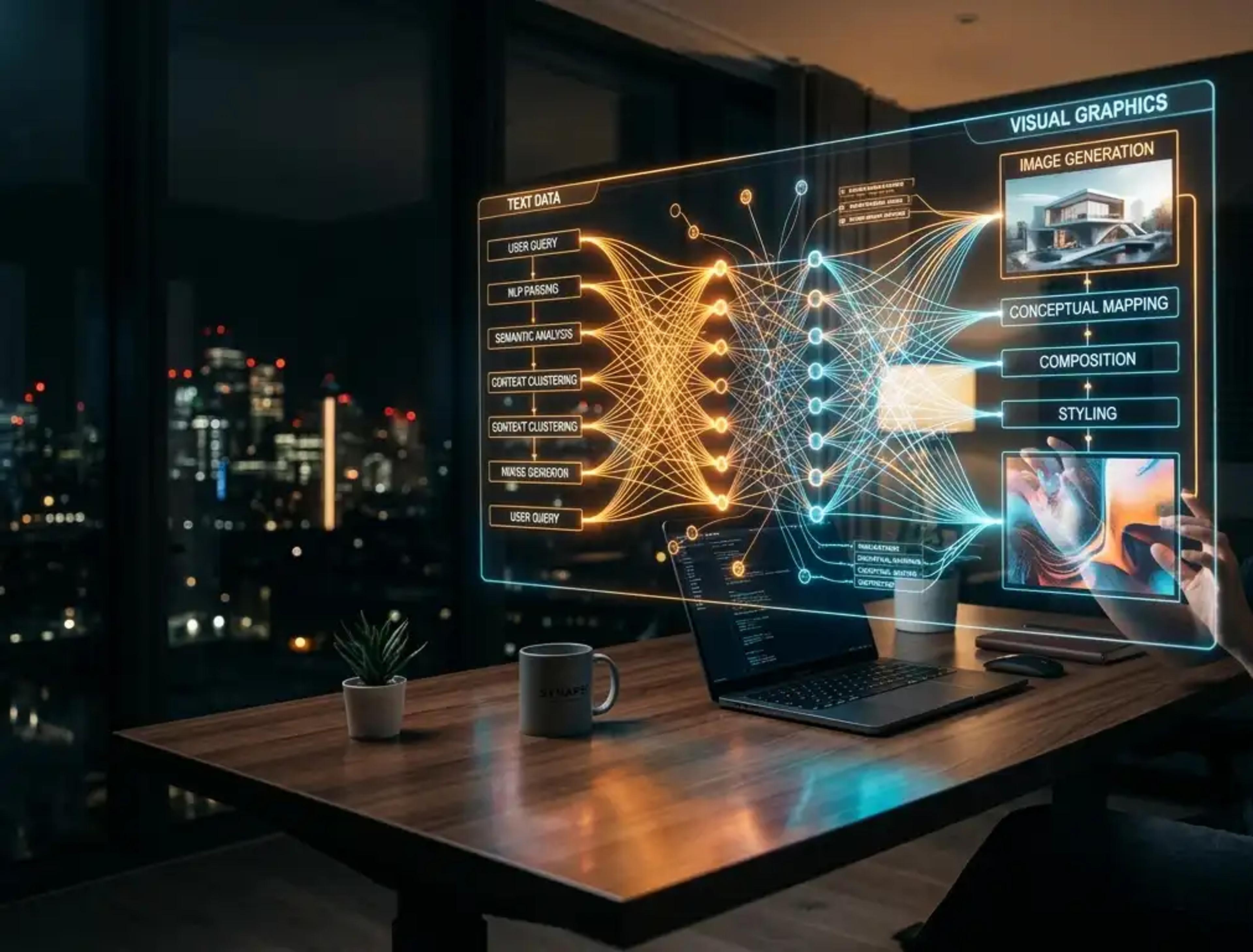 A futuristic conceptual workspace featuring a glowing holographic interface that visualizes the seamless integration of generative AI text reasoning and automated graphic design, representing the peak of digital productivity in 2026