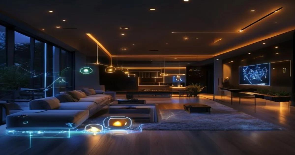 A glowing digital interface overlaying a modern smart home interior, representing AI energy management.