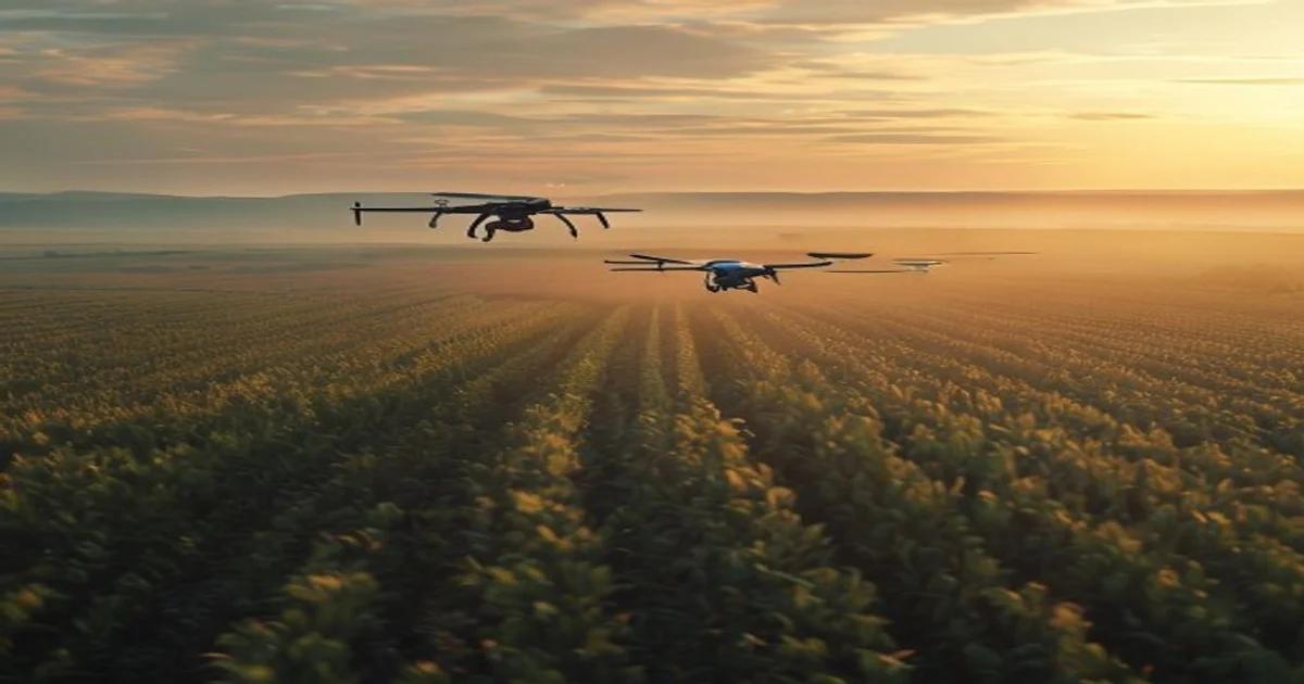 AI-powered drone monitoring crops for pests, representing automated surveillance.