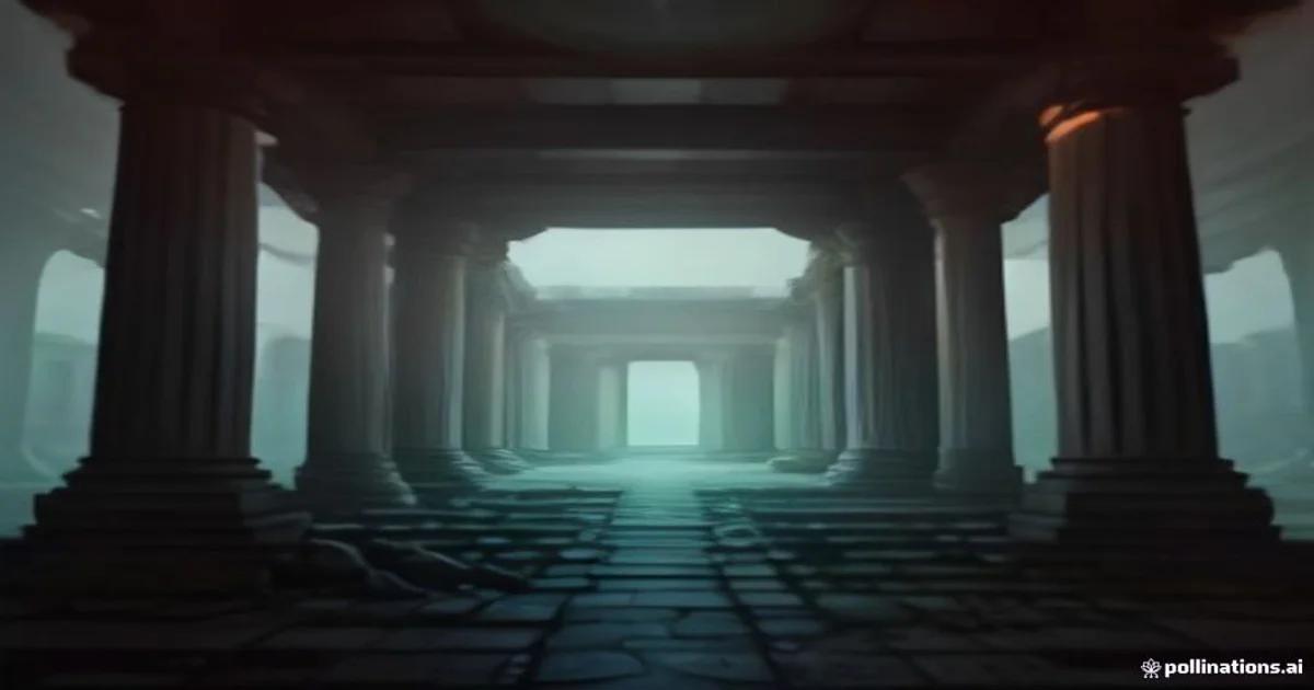 A conceptual visualization showing ancient ruins being restored through advanced holographic AI technology in a futuristic setting.