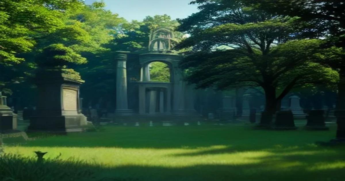 An AI-managed botanical cemetery garden featuring precise irrigation and flourishing plant life.