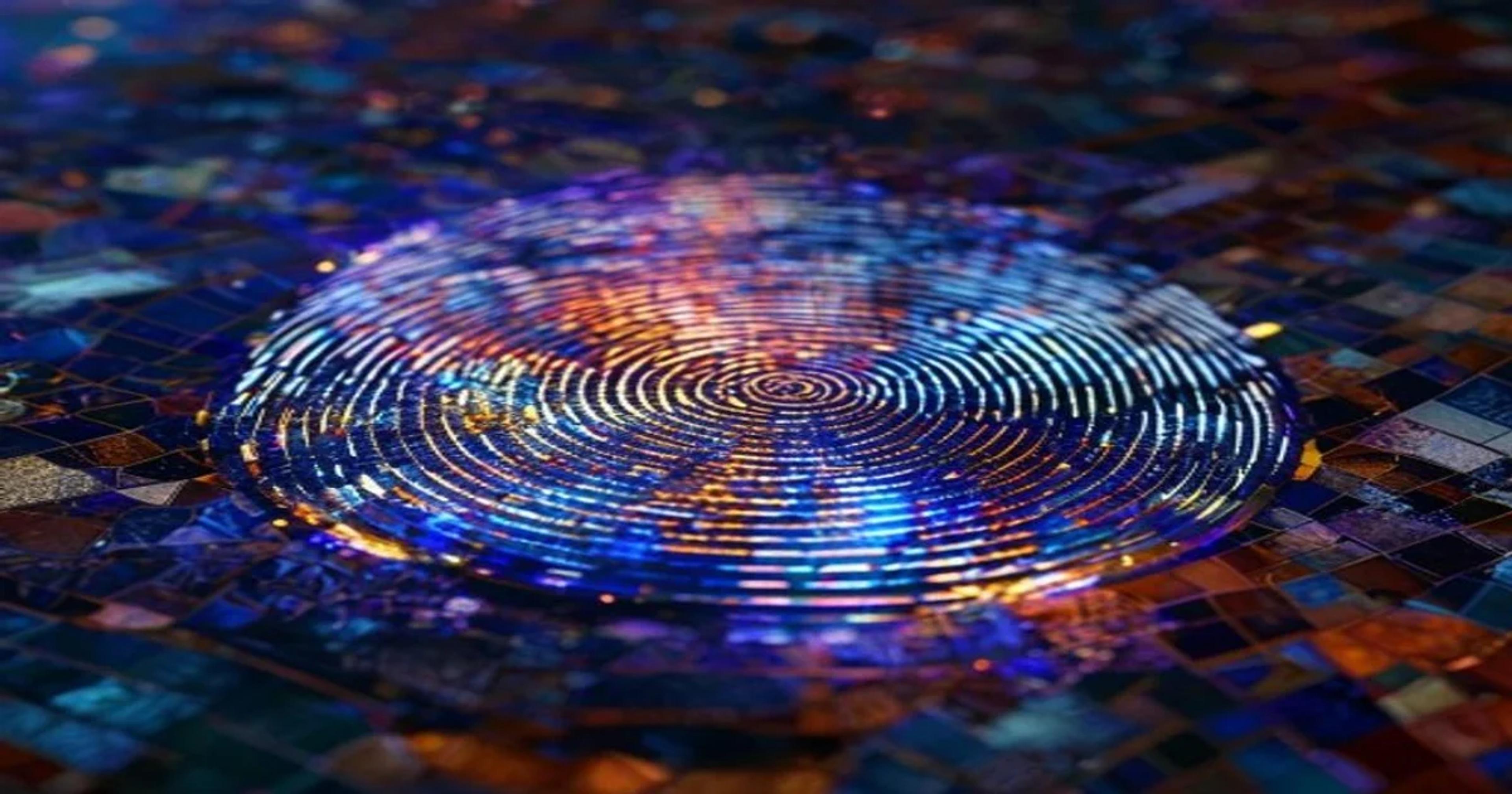 Illustration of a digital fingerprint verifying authentic content amidst a complex network of AI-generated media.