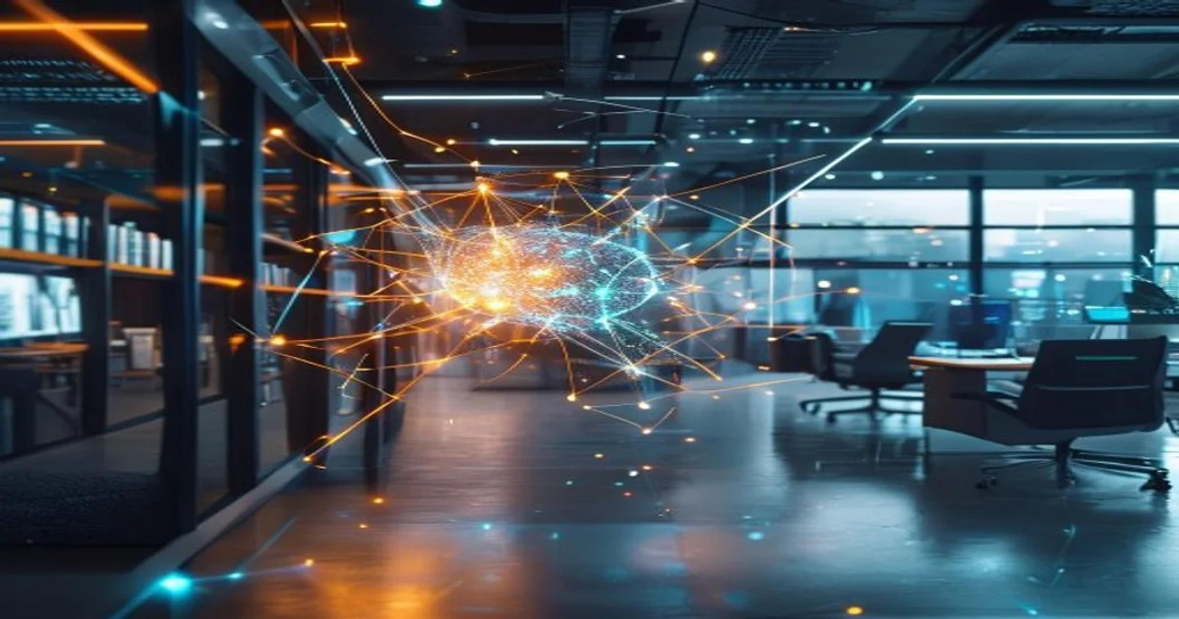 An illustration representing artificial intelligence managing corporate data and institutional knowledge.