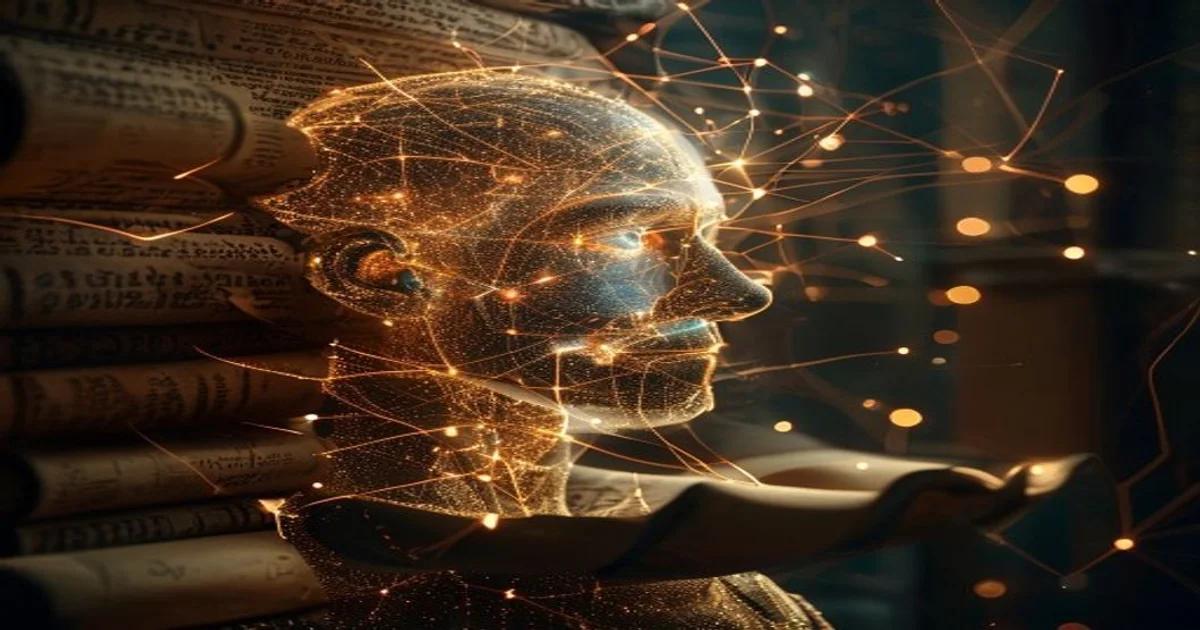 Abstract representation of artificial intelligence merging with traditional theological study concepts.