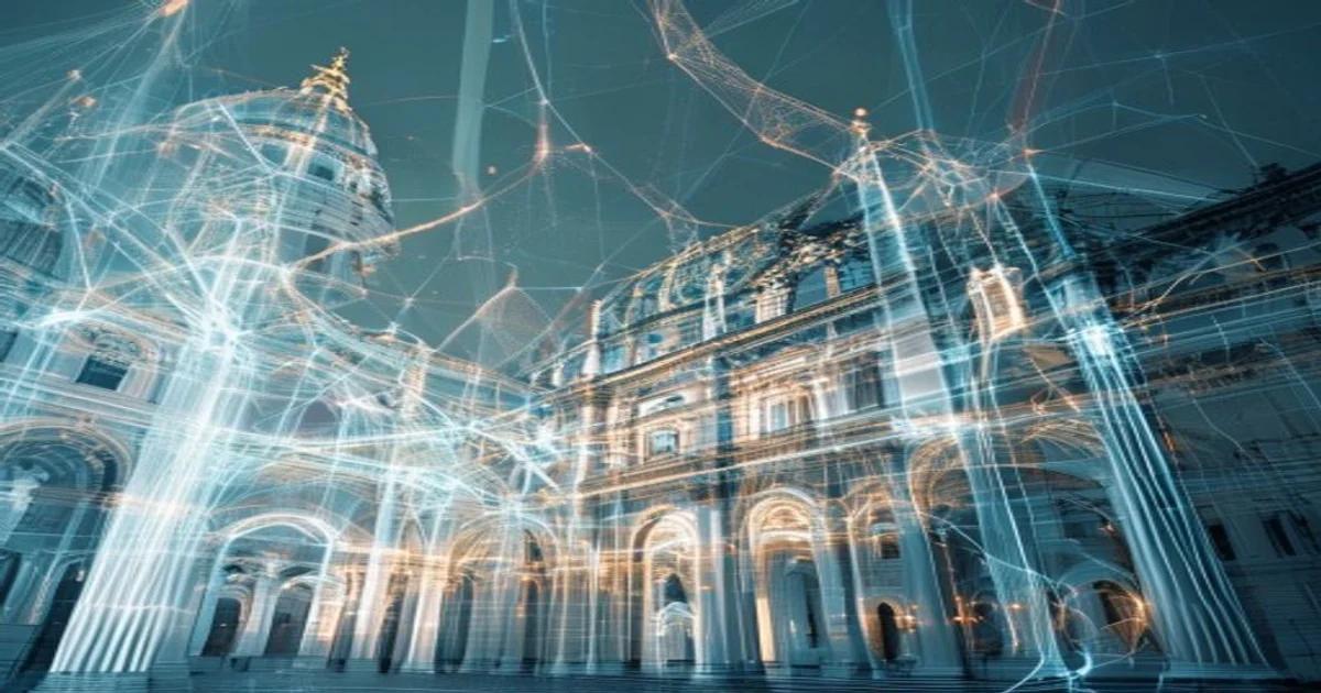 The intersection of traditional Vatican architecture and futuristic digital neural network technology.